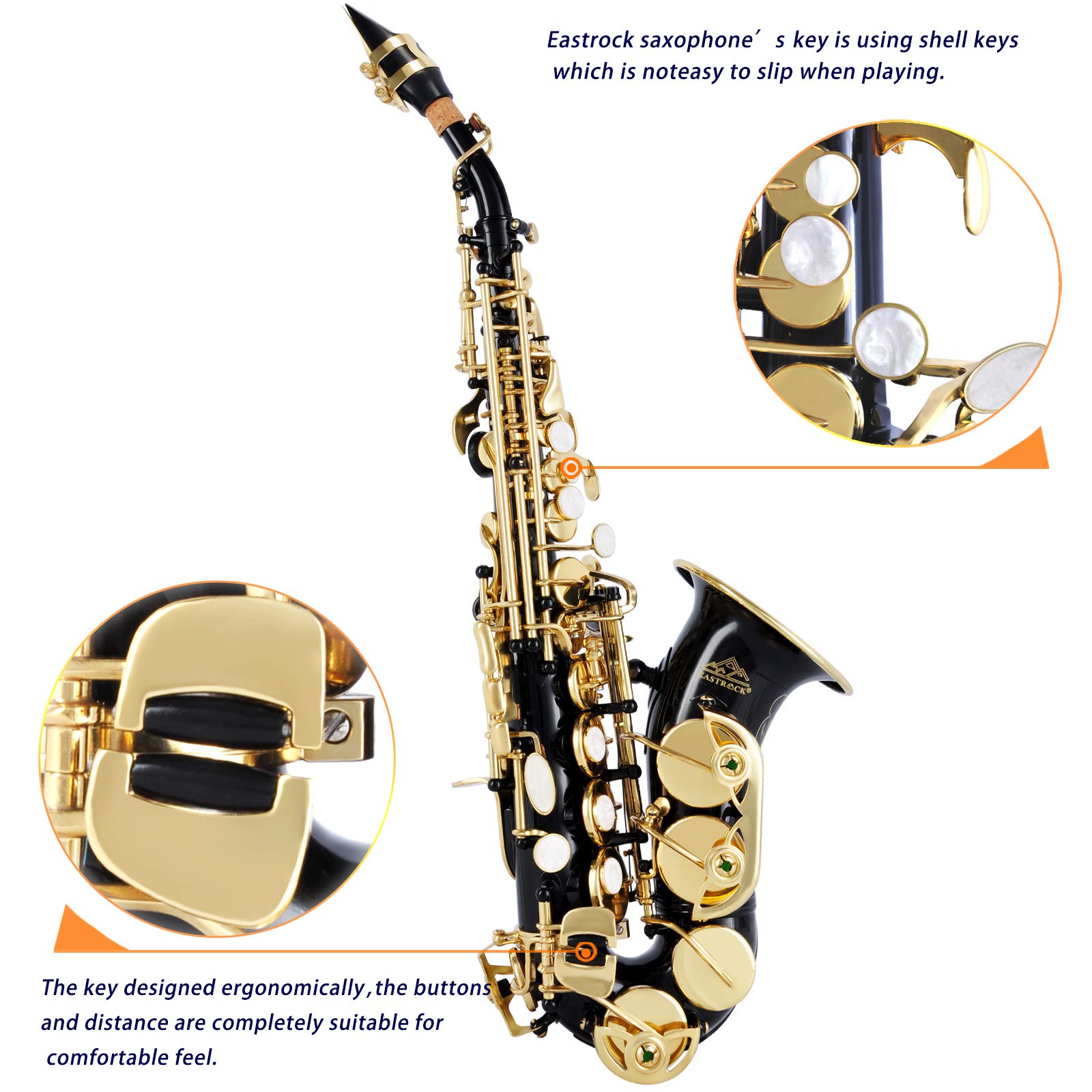 EASTROCK Soprano Saxophone Curved Bb Flat Black Sax Instruments for Beginners Intermediate Players with Carrying Case,Mouthpiece,Pads,Reed,Cleaning kit,neck Strap,White Gloves