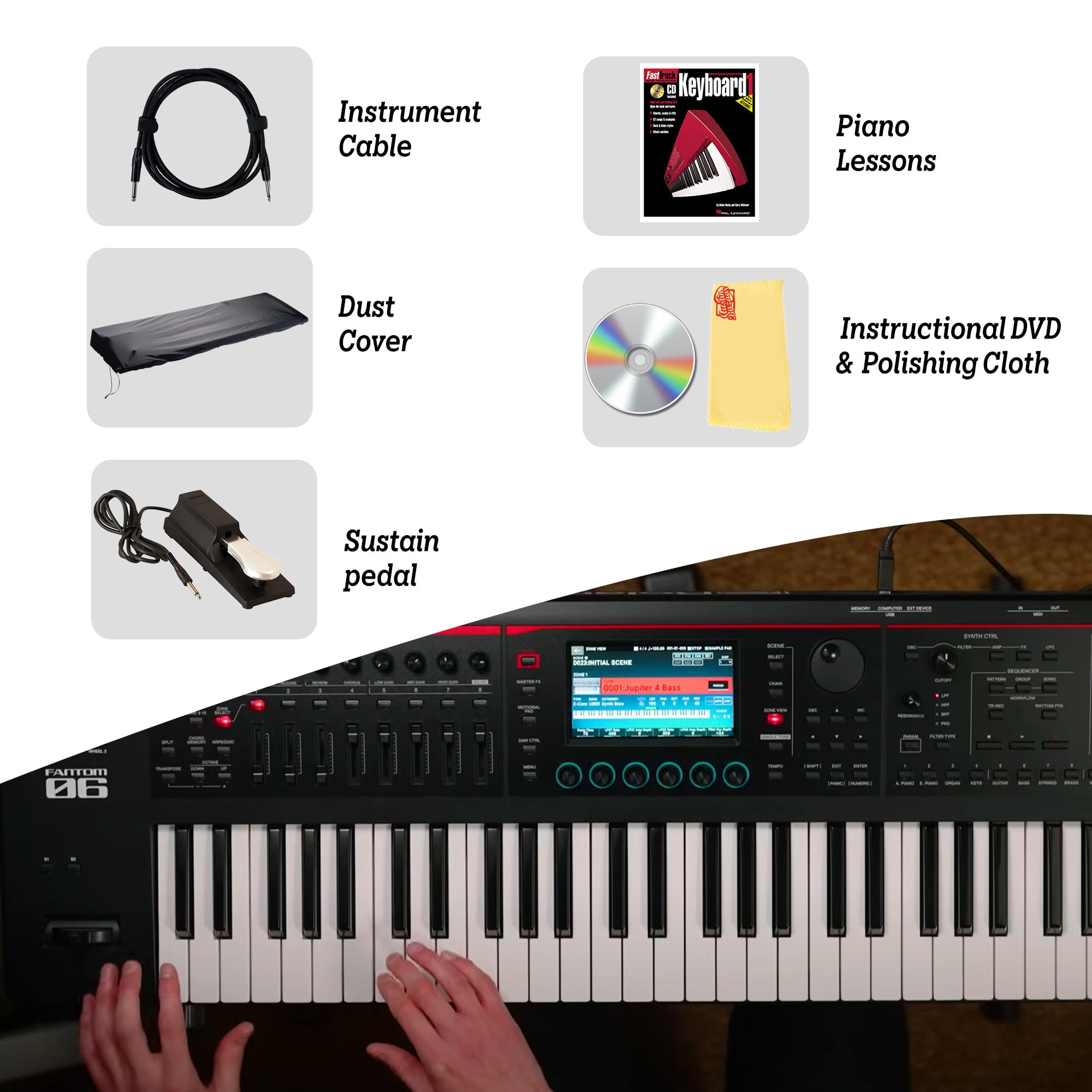 Roland Fantom 8 EX 88-Key Workstation Keyboard Synthesizer Bundle with Adjustable Stand, Sustain Pedal, Online Piano Lessons, Instructional DVD, and Austin Bazaar Polishing Cloth