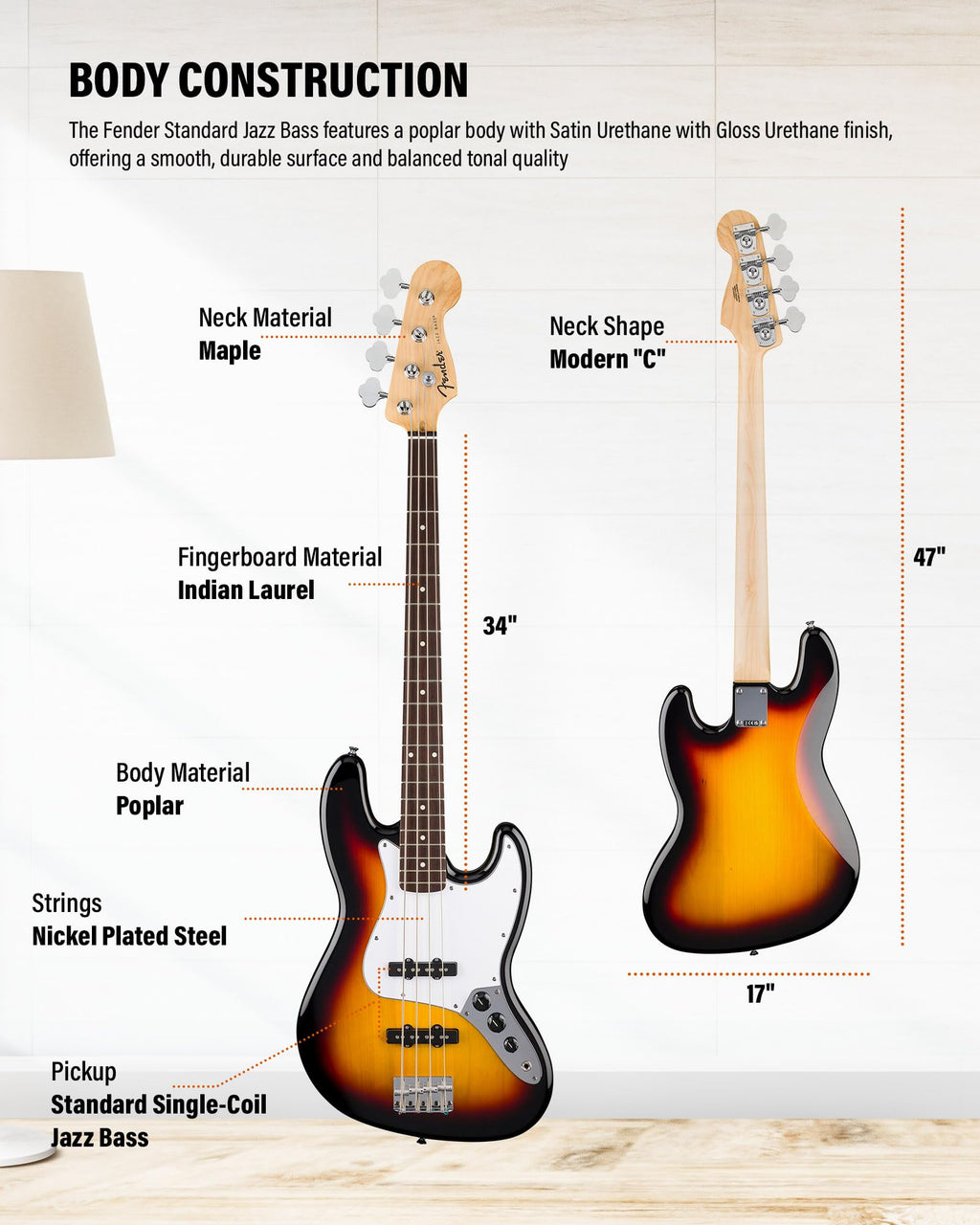 Fender Standard Jazz Bass - Olympic White Bundle with Strap, Guitar Cleaning Kit and Austin Bazaar Instructional Video