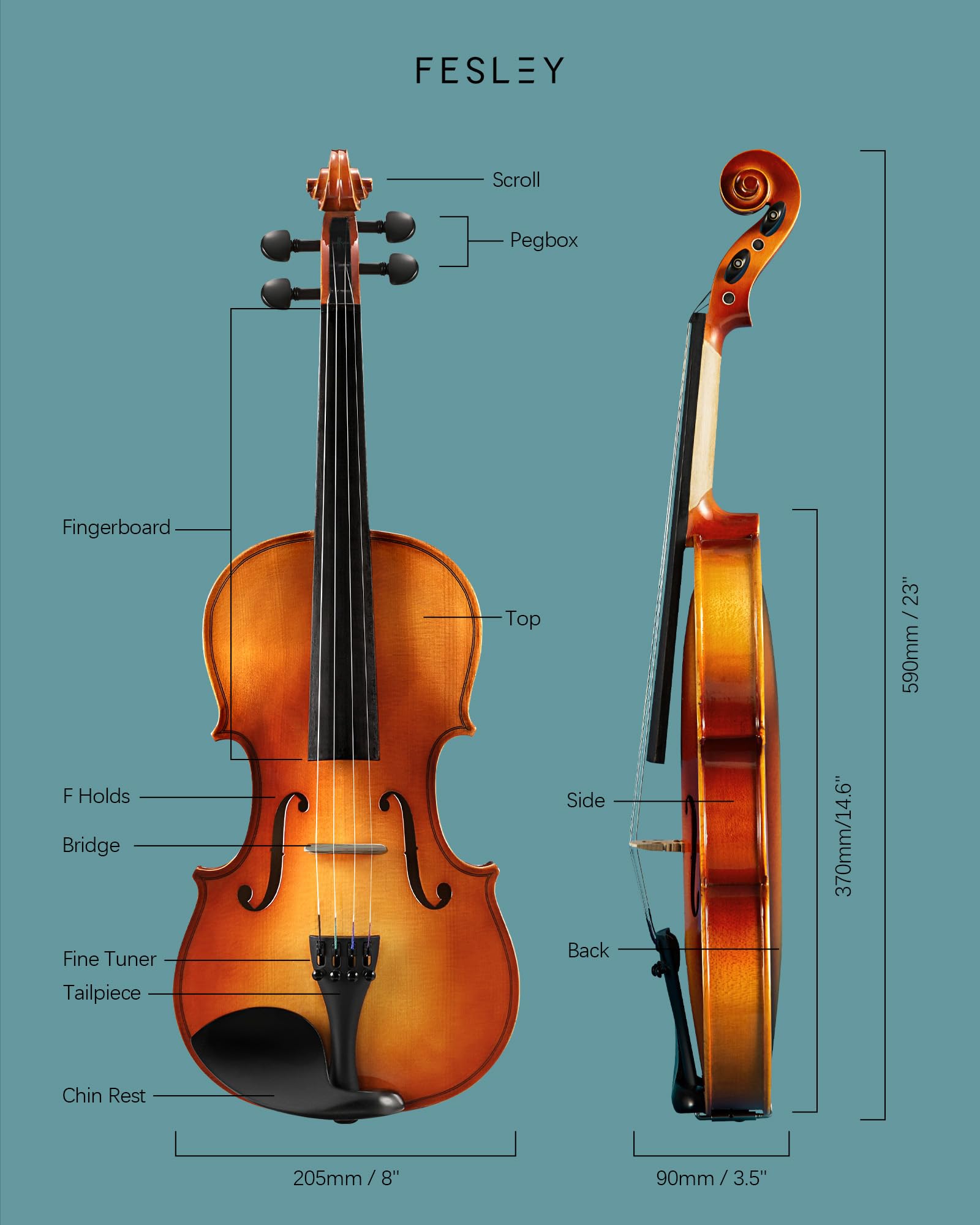 Fesley 4/4 Beginner Violin Kit for Adults & Teens, Full Size Acoustic Violin Set with Hard Case, Bow, Shoulder Rest, Digital Tuner & Extra Strings, Handmade Solid Wood Student Violin