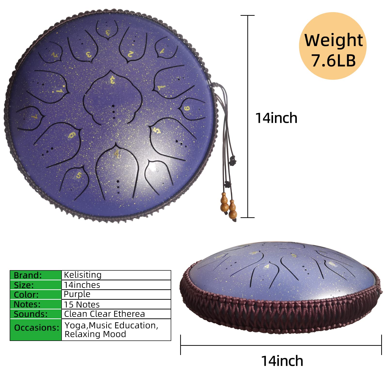 Handpan Drum 22 Inches D Minor Kurd, 432Hz 10 Notes Hand Drum Instrument, Premium Steel Drum, Handpan Instrument for Adults (Gold)