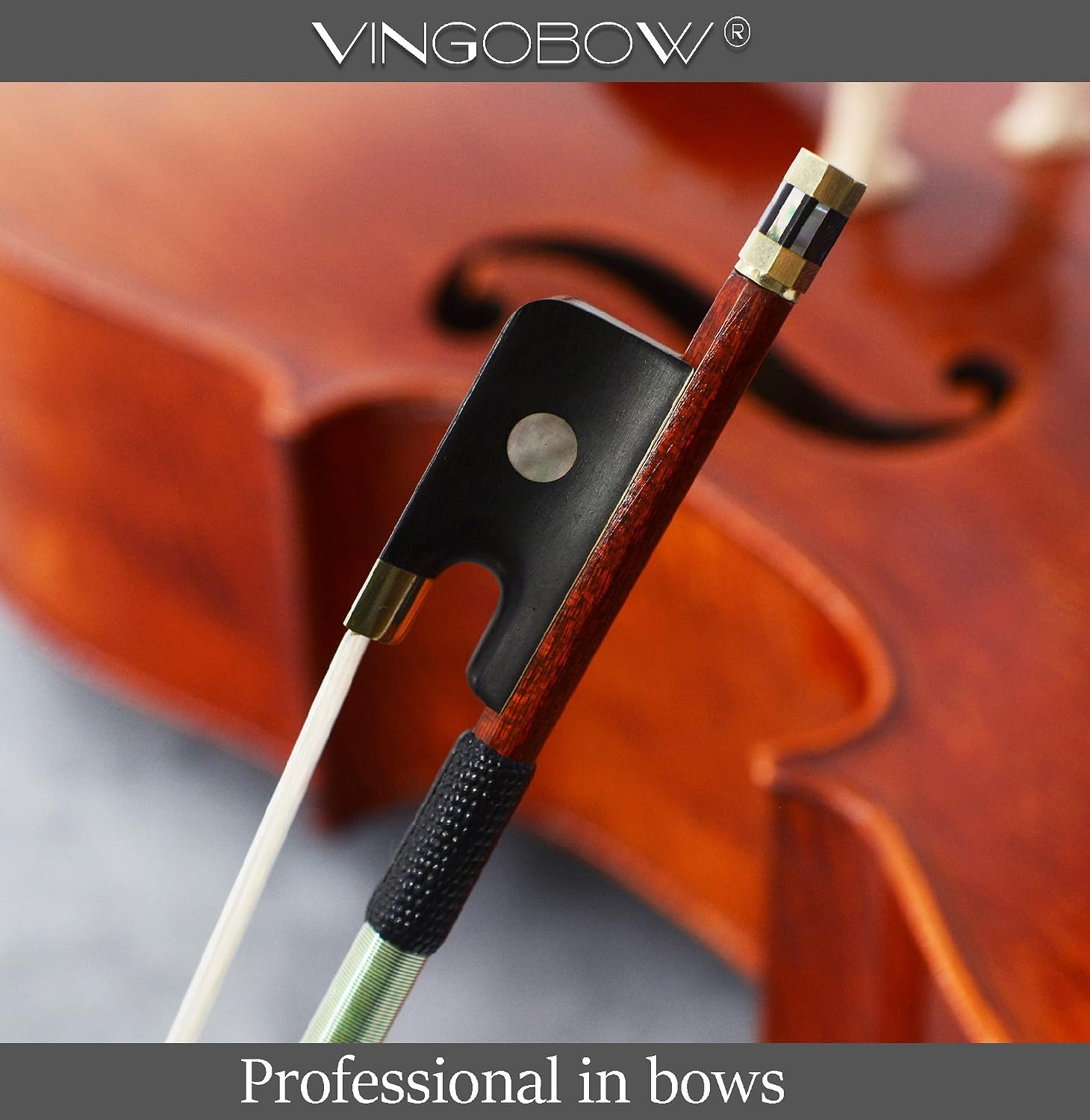 Cello Bow 4/4 Size Carbon Fiber Core Wood Skin Hybrid VINGOBOW 120C Master Level Ebony Frog Well Balanced Pernambuco Performance Sweet Warm Tone Mongolian Horse Hair