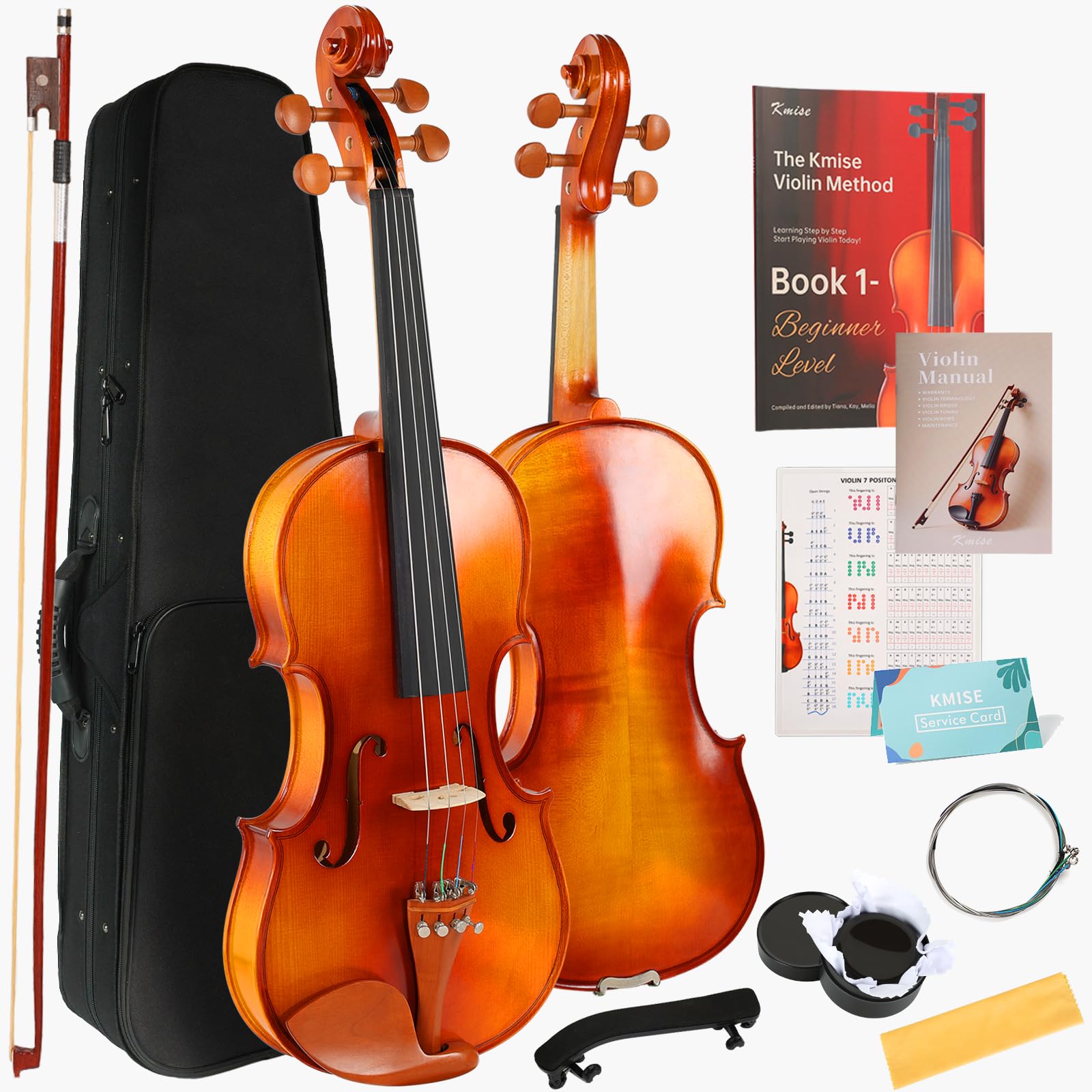 Kmise Teacher Approved 4/4 Full Size Violin Starter Kit for Adults Beginners Students, High Density Ebony Acoustic Violins, Fiddle Bundle with Case, Bow, Rosin, Strings, Shoulder Rest & Guide
