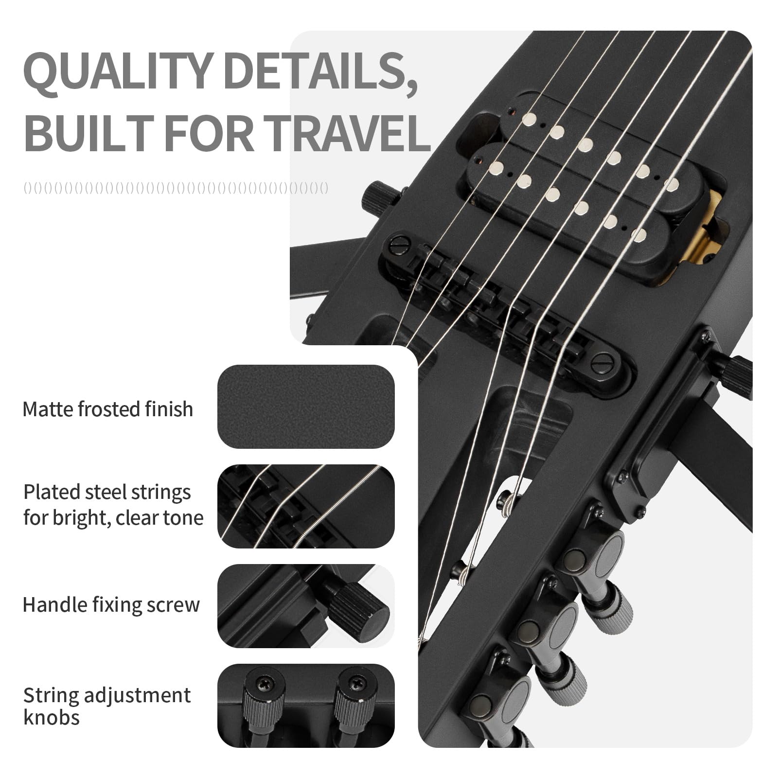 Anygig Travel Electric Guitar Headless – Portable Ultra-Light and Quiet, Full-Scale 25.5” Rosewood Fingerboard, Glow Humbucker, Gig Bag, Removable Stands for Left and Right Black