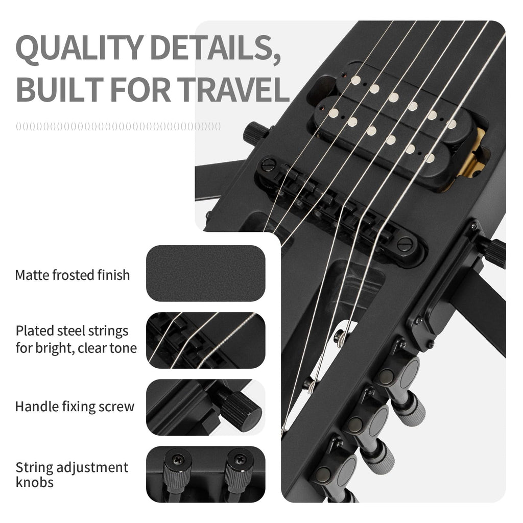 Anygig Travel Electric Guitar Headless – Portable Ultra-Light and Quiet, Full-Scale 25.5” Rosewood Fingerboard, Glow Humbucker, Gig Bag, Removable Stands for Left and Right Black