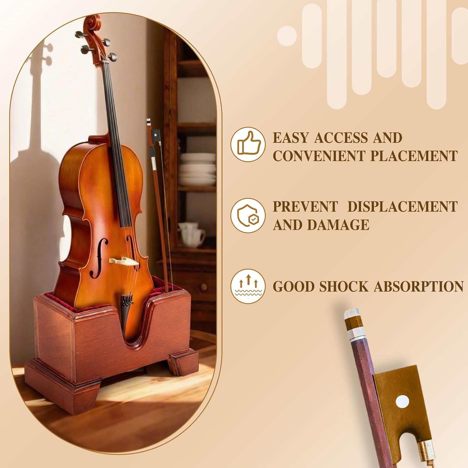 Yinkin Handcrafted Wooden Violin Stand with Bow Holder - Solid Violin Floor Display Stand, Soft Velvet Protection, Elegant Design for Home, Studio or Stage