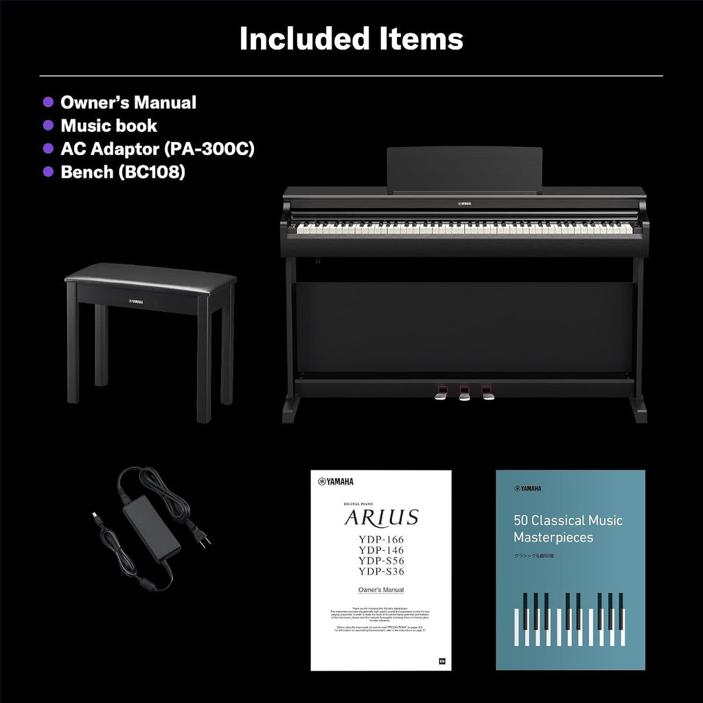 Yamaha Arius Series 88-Key Weighted Digital Piano Keyboard, Full Size, GrandTouch-E Action, CFX Concert Grand Piano Sound, 3-Pedal Unit, Bench Included, Classic Upright Design in White YDP-166WH