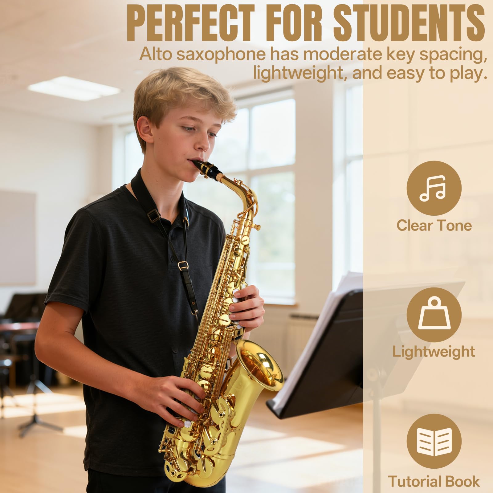 Kmise E Flat Alto Saxophone, Lightweight Saxophones for Students Beginner, Saxofon Full Kit with Portable Case, Sax Stand, Strap, Reeds, Beginner's Guides, Mute, Cleaning Kit (Gold Lacquer)