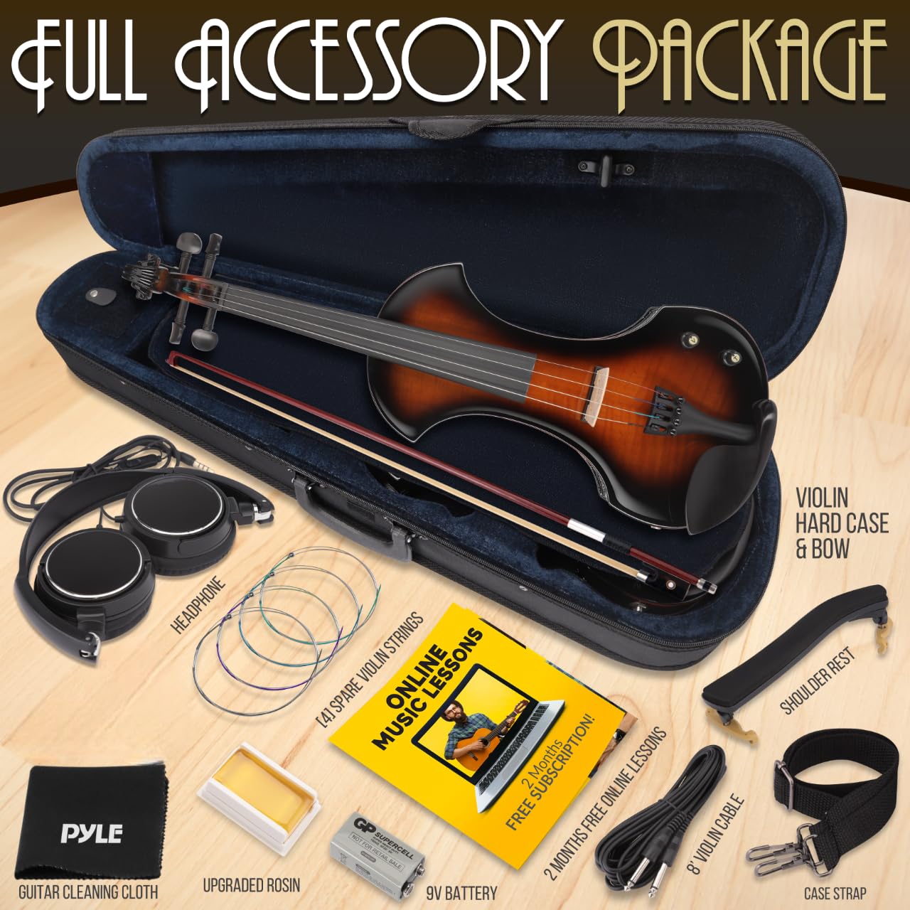 Pyle Full Size Electric Violin, 4/4 Solid Wood Silent Fiddle, with Amplifier Kit, Hard Case, Bow, Ebony Fittings, Digital Tuner, Extra Strings, Rosin