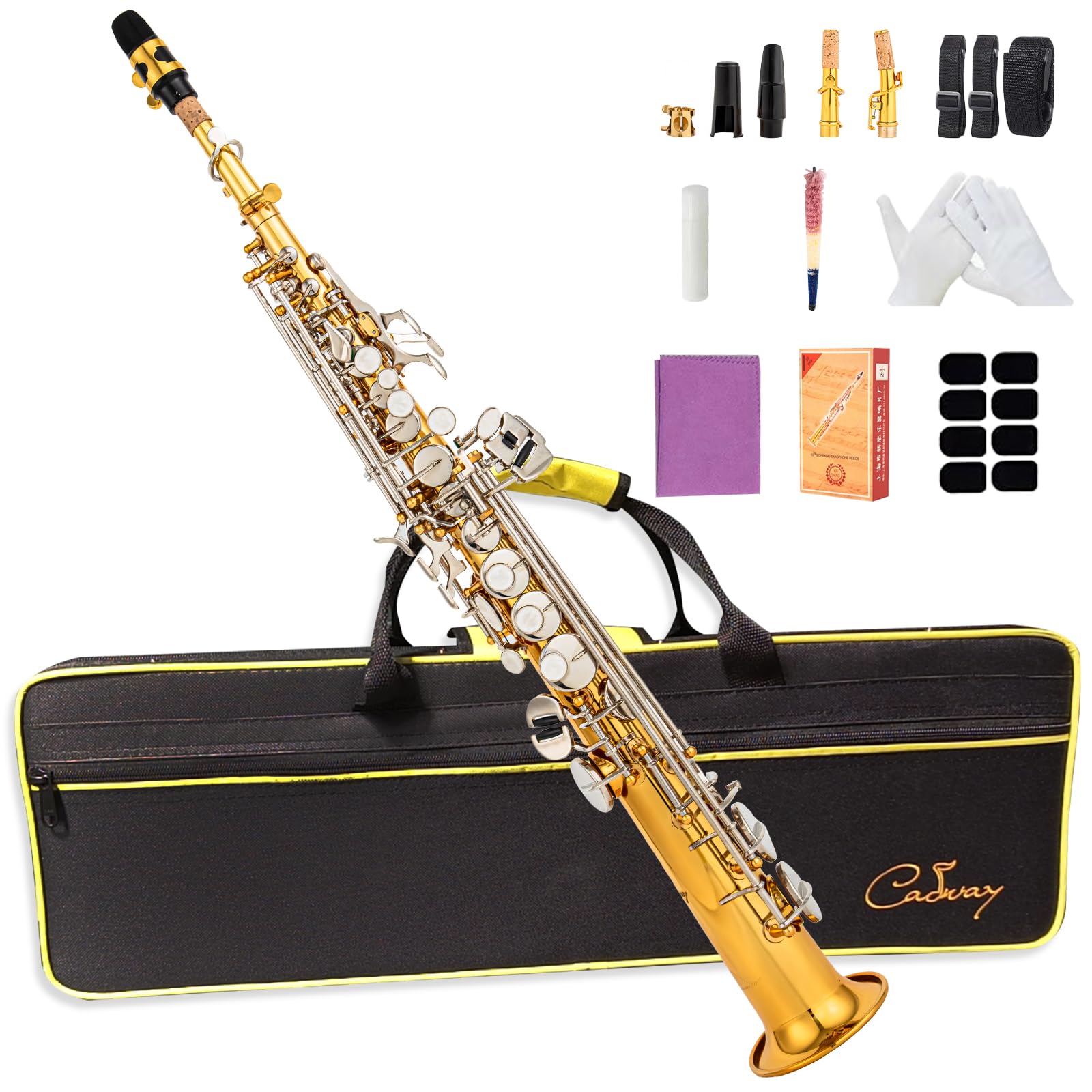 Bb Soprano Saxophone Straight Gold Laquer Sax Instruments for Beginners Students Intermediate Players with Carrying Case,White Gloves.Cleaning kit.neck Strap.Mouthpiece (Gold body nickel bond)