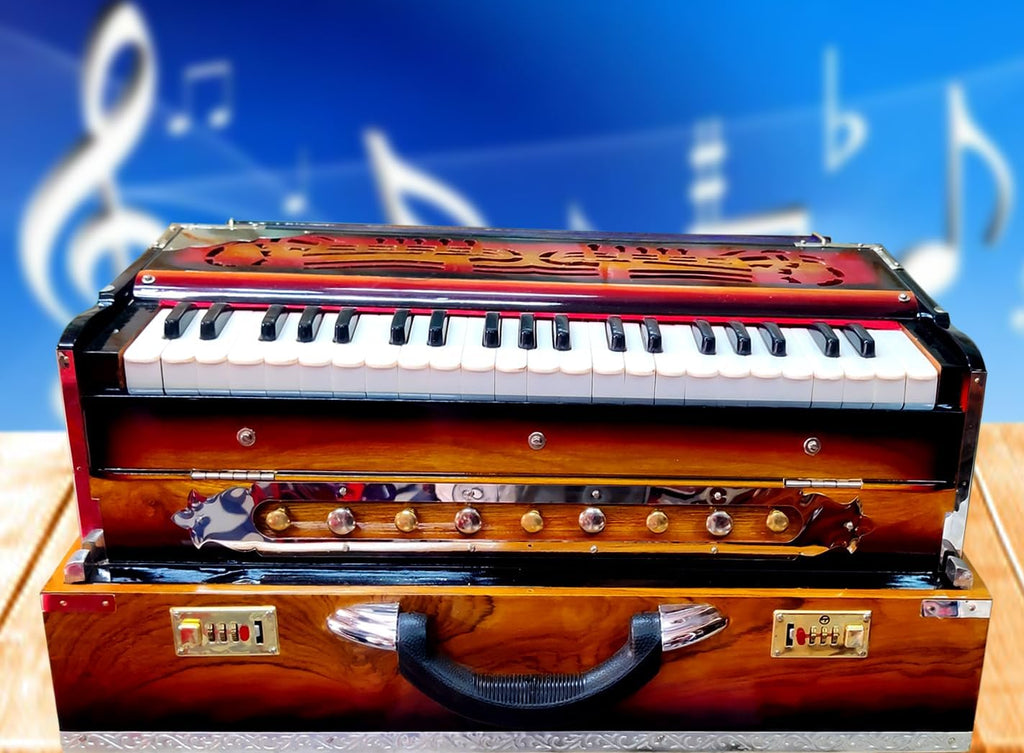 Harmonium, Maanvish Professional Harmonium Portable, Triple Reeds, 3 1/2 Octaves, 9 stops,4 Extra Notes, Padded Bag