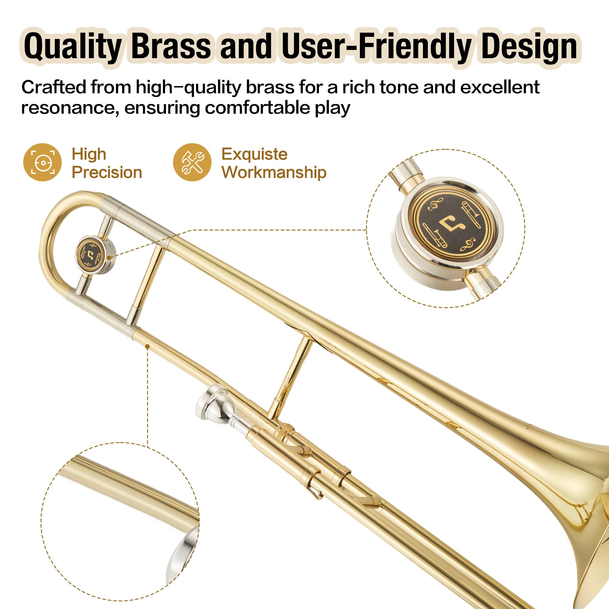 B Flat Alto Trombone, Brass Trombone for Beginners with Mouthpiece, Hard Case, Gold Lacquer Finish, Cleaning Kit (Rod/Cloth/Gloves), Professional Student Musical Instrument