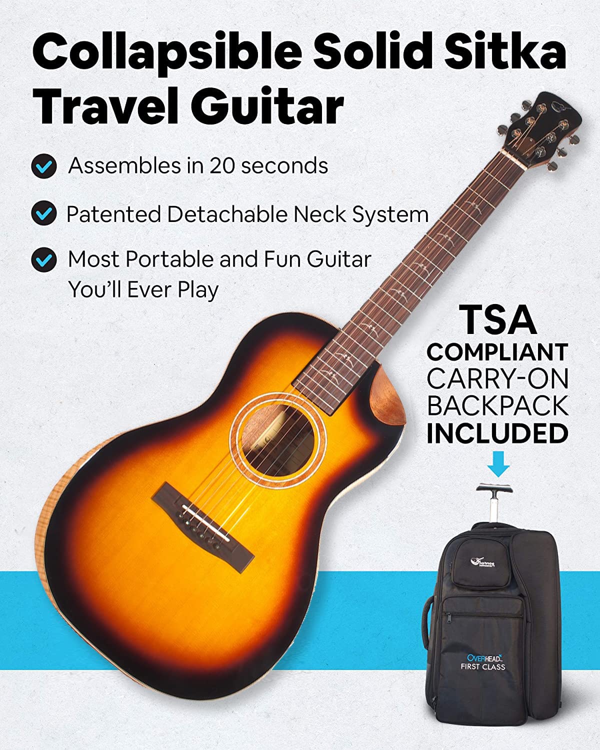 Journey Instruments Solid Sitka Acoustic Collapsible Travel Guitar PJ410N | Traveling Acoustic Guitar with Collapsible Patented System, Portable Backpack Case (African Mahogany)