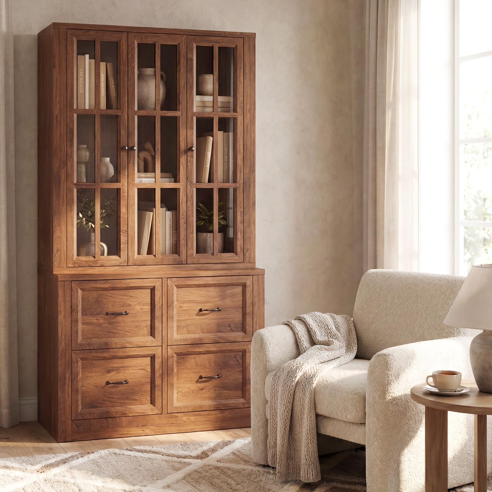 80" Tall Storage Cabinet with Glass Doors, 2-in-1 Modular Bookcase Cabinet, Freestanding Kitchen Pantry Storage Cabinet & Bookshelf for Living Room, Kitchen, Bathroom (4, Cracked Oak, AD)