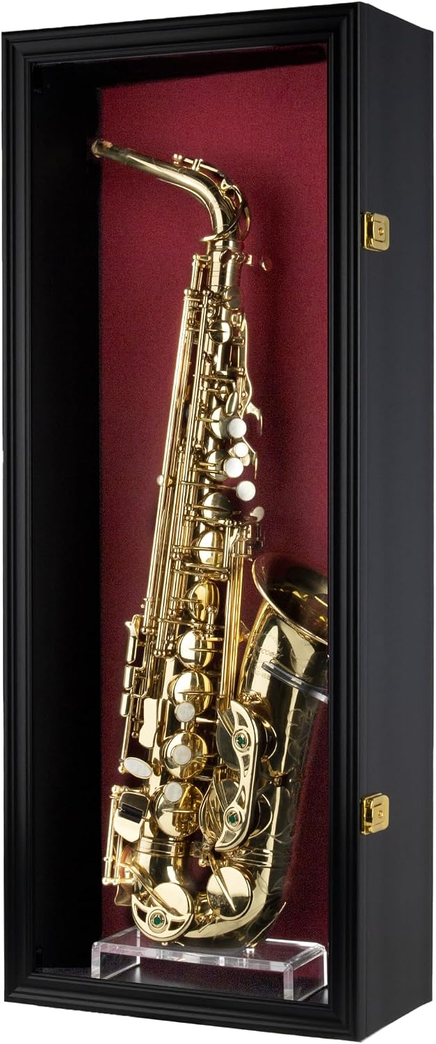 DisplayGifts Saxophone Display Case Saprano Alto Saxophone Stand Holder Wall Mount Shadow Box - 98% UV Protected & Lockable Black Frame