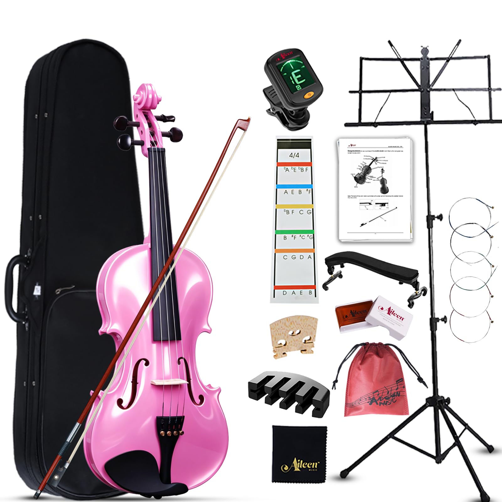 Aileen Violin 4/4 Full Size for Adults Beginners, Black Fiddle Starter Kit for Students Age 12+, including Music Stand, Unique New Fingerboard Sticker, Mute