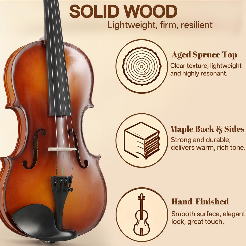 Kmise Teacher Approved 4/4 Full Size Violin Starter Kit for Adults Beginners Students, High Density Ebony Acoustic Violins, Fiddle Bundle with Case, Bow, Rosin, Strings, Shoulder Rest & Guide