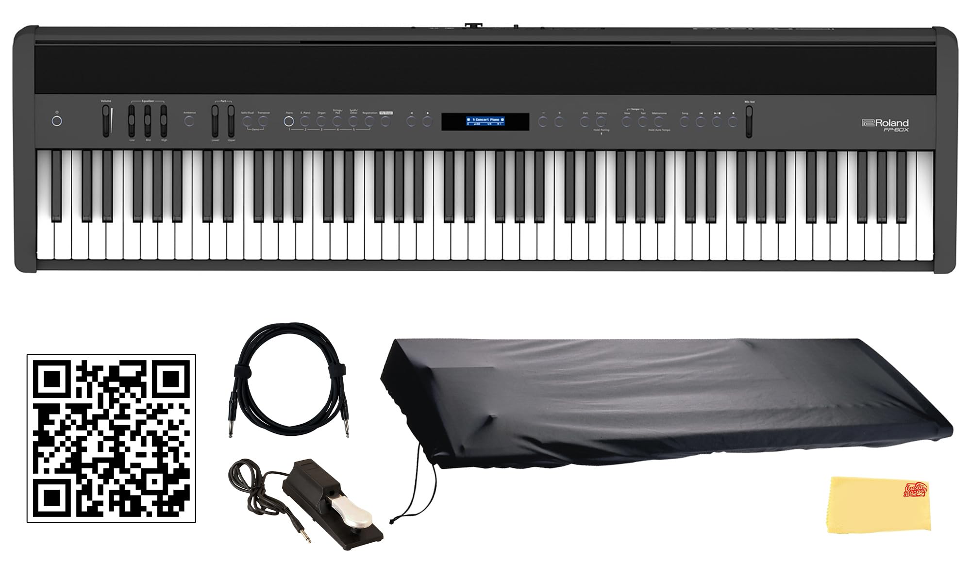 Roland FP-60X 88-Key Digital Piano - White Bundle with Adjustable Stand, Bench, Deluxe Sustain Pedal, Online Piano Lessons, Instructional DVD, and Austin Bazaar Polishing Cloth