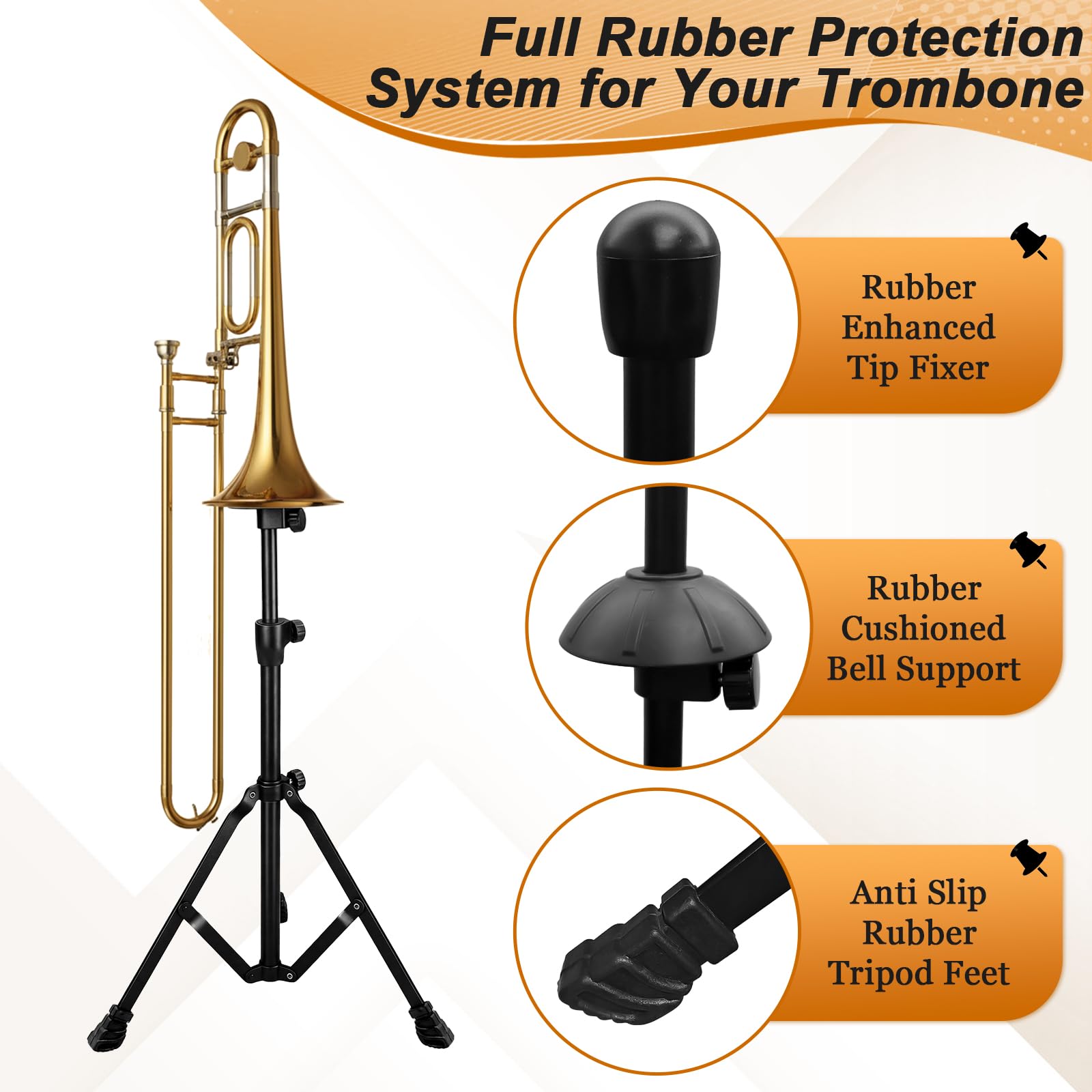Ngdiluxury Trombone Stand, Adjustable Heavy Duty Matte Black Metal Trombone Holder with Foldable Tripod Base, Soft Rubber Bell Support & Anti-Slip Feet, Height Adjustable for All Trombone Sizes