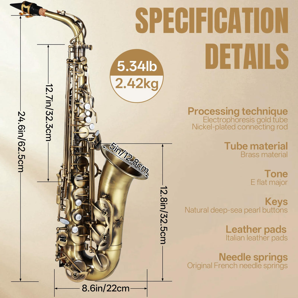 Kmise E Flat Alto Saxophone, Lightweight Saxophones for Students Beginner, Saxofon Full Kit with Portable Case, Sax Stand, Strap, Reeds, Beginner's Guides, Mute, Cleaning Kit (Gold Lacquer)
