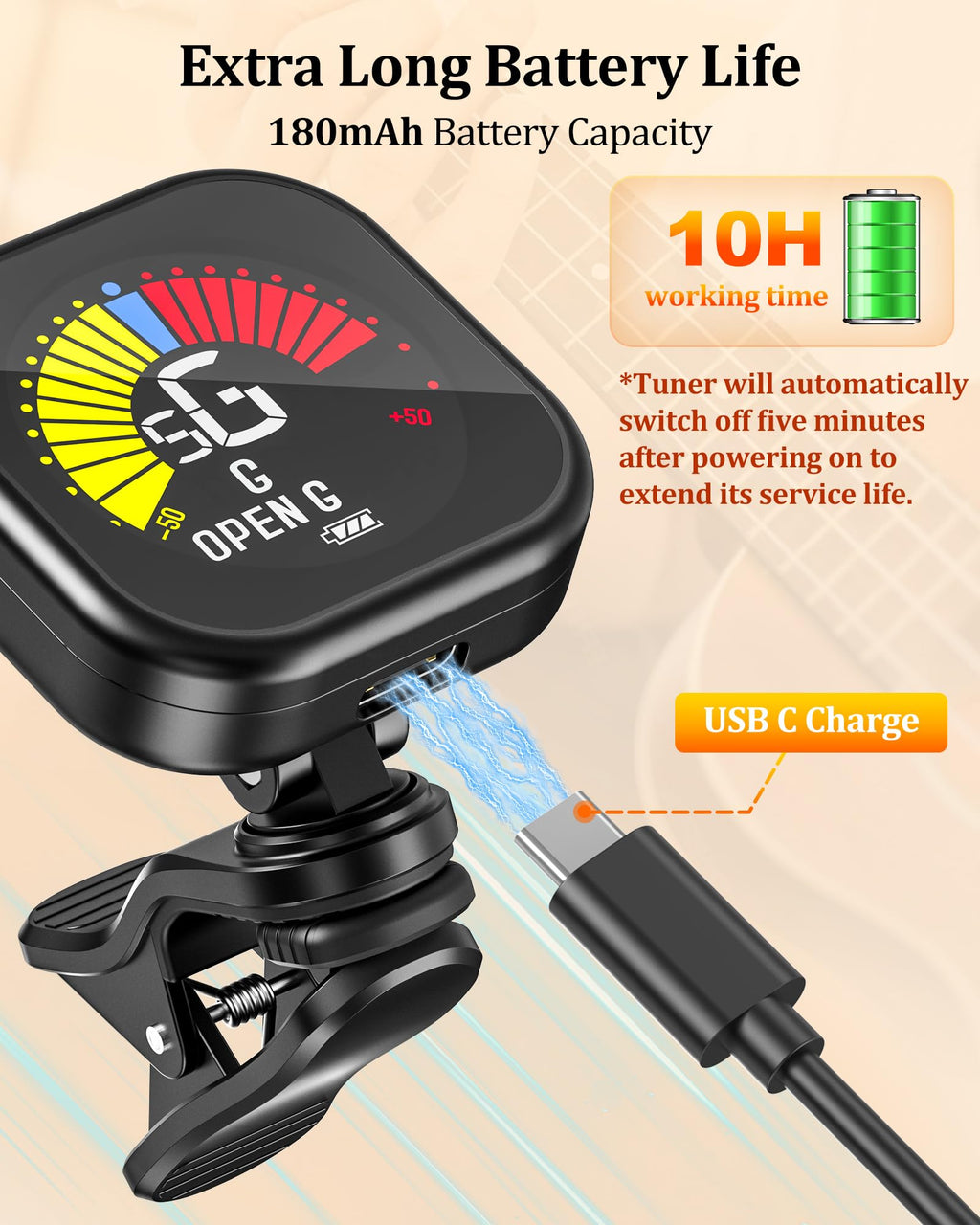 New Bee Guitar Tuner Clip-On Rechargeable with Color Screen 360° Rotatable Acoustic Chromatic Open Tuning for Guitar, Bass, Ukulele, Violin, Cello(Black, 1 Pack)