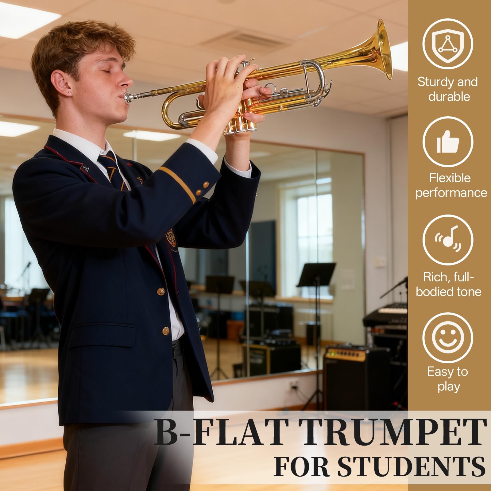 Kmise Bb Standard Trumpet, Premium Brass Trumpets for Student Beginner, Trumpet Instrument Set with Upgraded Case, 7C Mouthpiece, Mute, Beginner's Guide Kit, Cleaning Kit (Gold)