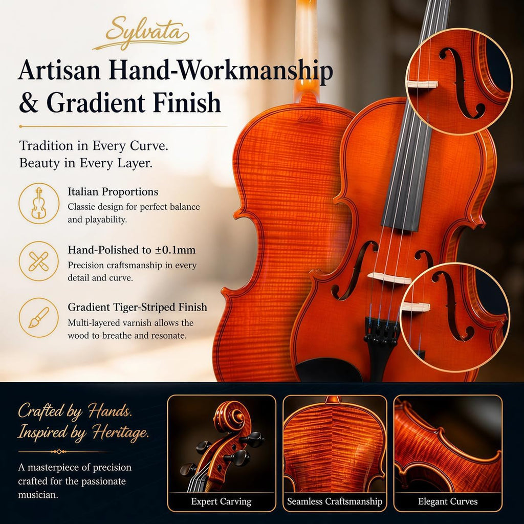 4/4 Full Size Violin Starter Kit, Acoustic Fiddle for Beginners & Students, Tiger-Striped Violin 4/4 Full Size with Ebony Fittings, Includes Alice Bow, 2 Bridges, Tuner, and Case