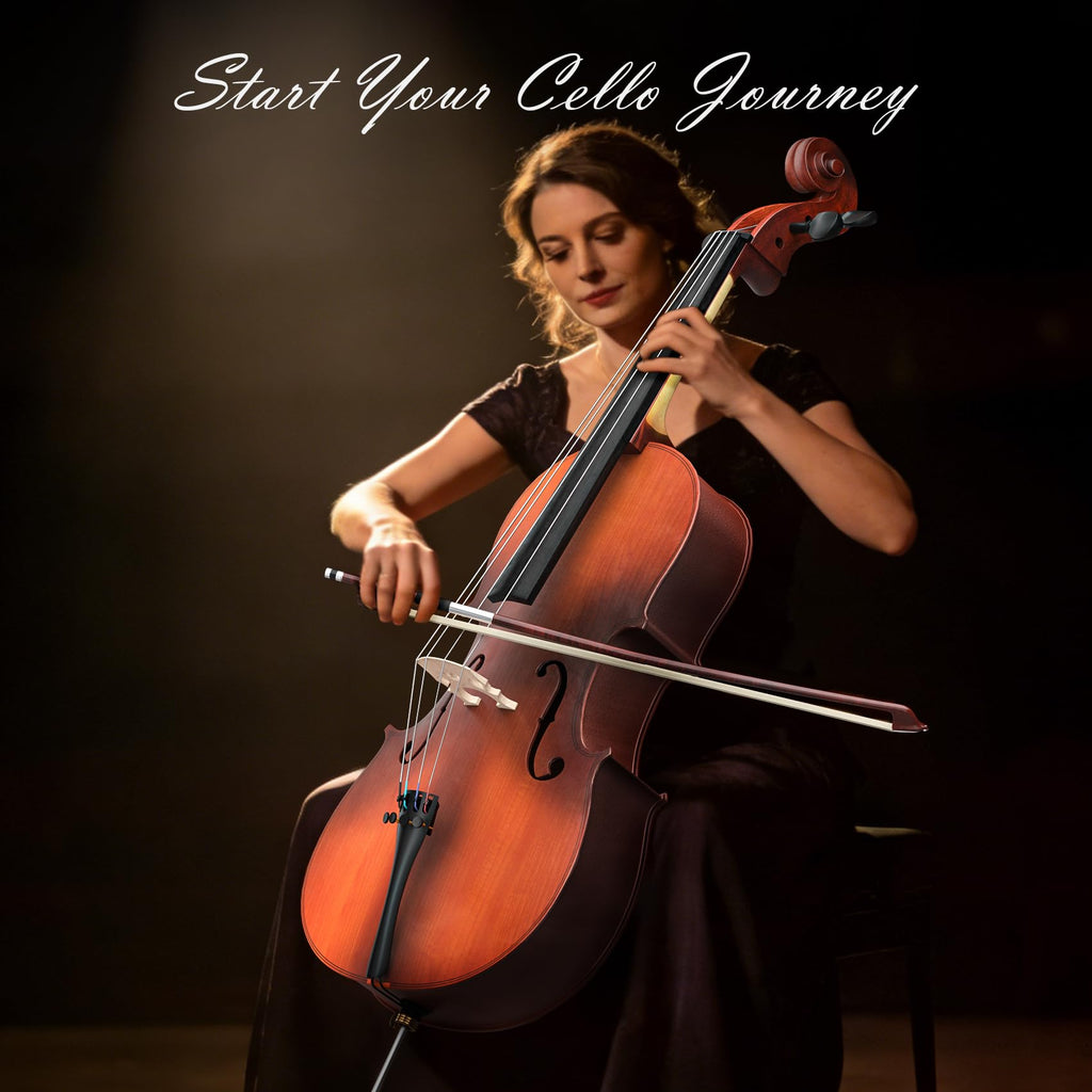 Full Size Cello Kit, Acoustic Cello Instrument for Adults,Beginners,Students,Complete Cello 4/4 Set with Portable Bag, Bow, Rosin (Black)