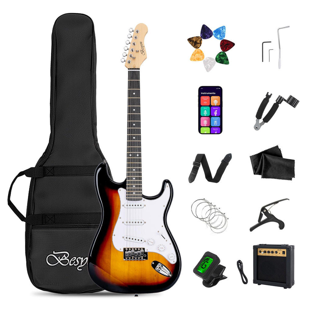 39 Inches Full Size Electric Guitar Beginner Electric Guitar Kits with 10W Amp Classic SSS Pickup Complete with Gig Bag Tuner Capo Strap Picks Guitar String Winders Black