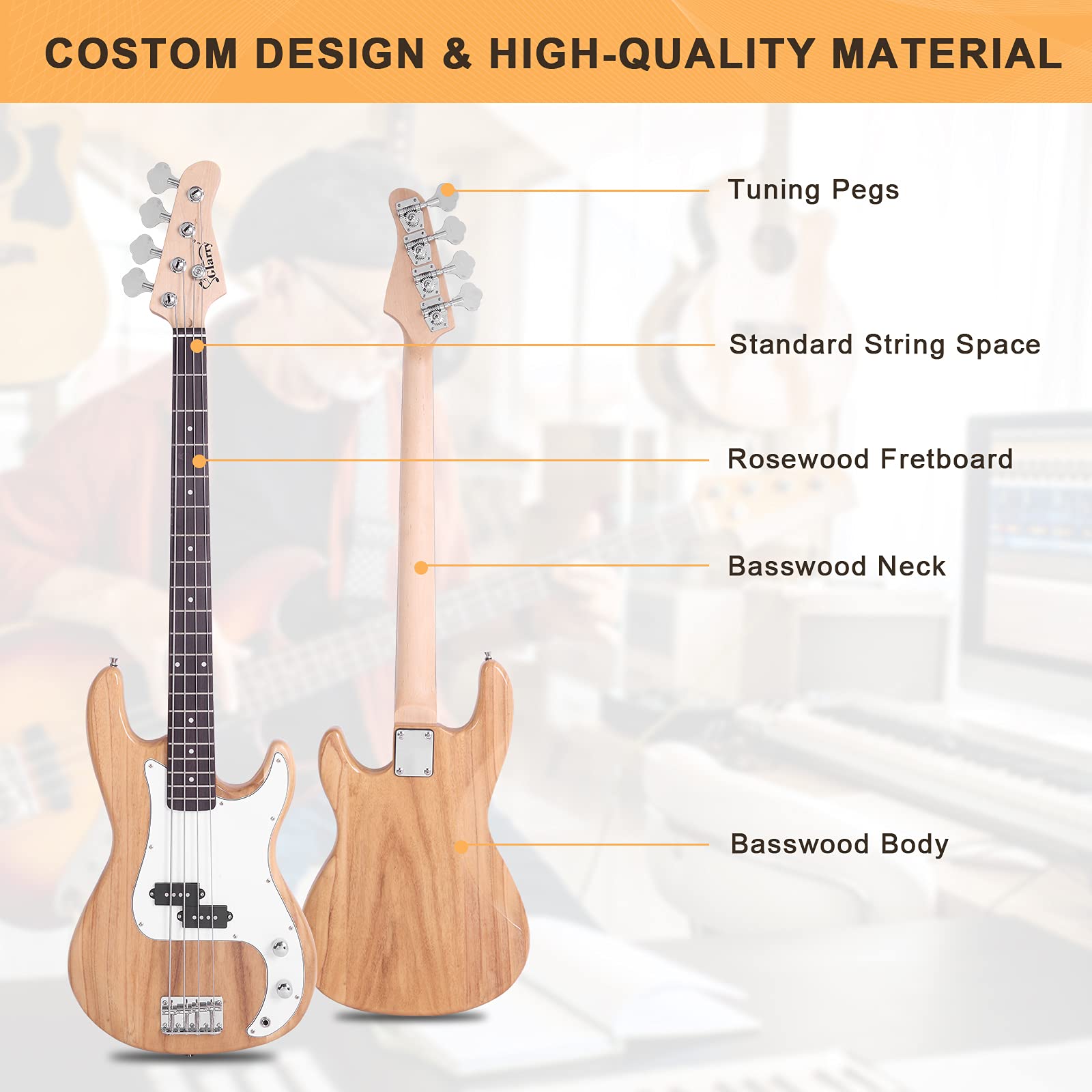 GLARRY Full Size Electric Bass Guitar Beginner Kit 4 String Exquisite Basswood Bass with 20W AMP, Cable, Strap, Bag and Accessories (Black, 39"Right Handed)