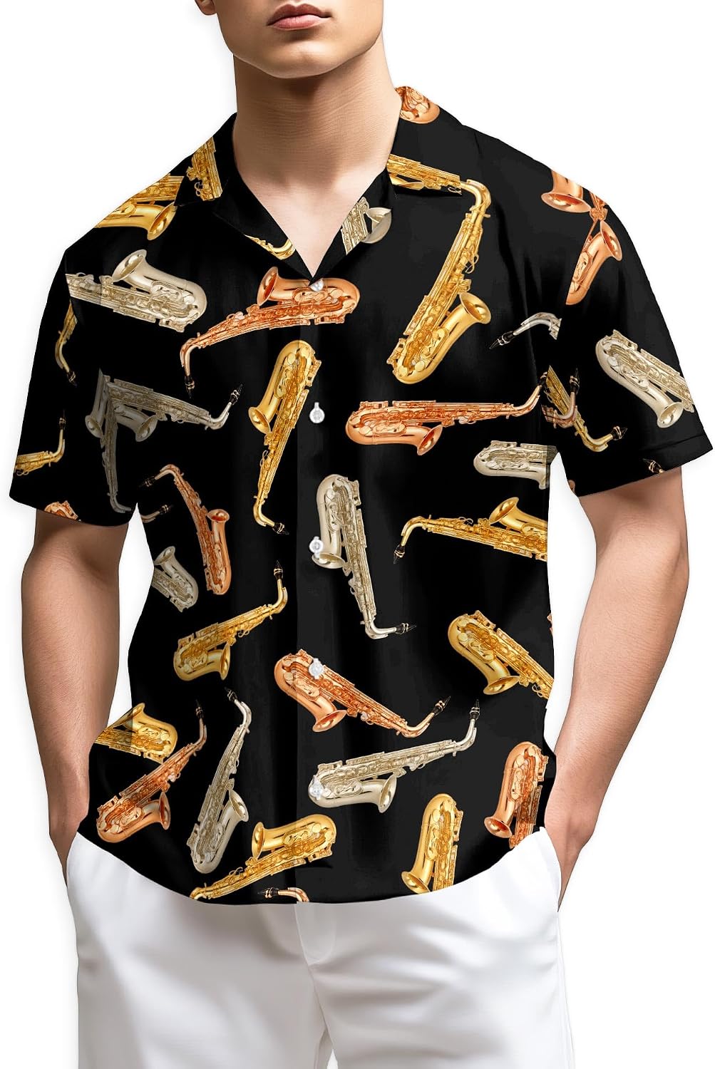 Trombone Pattern Hawaiian Shirt for Men, Summer Vacation Button Down Shirt, Aloha Beach Short Sleeve Shirt, S-5XL