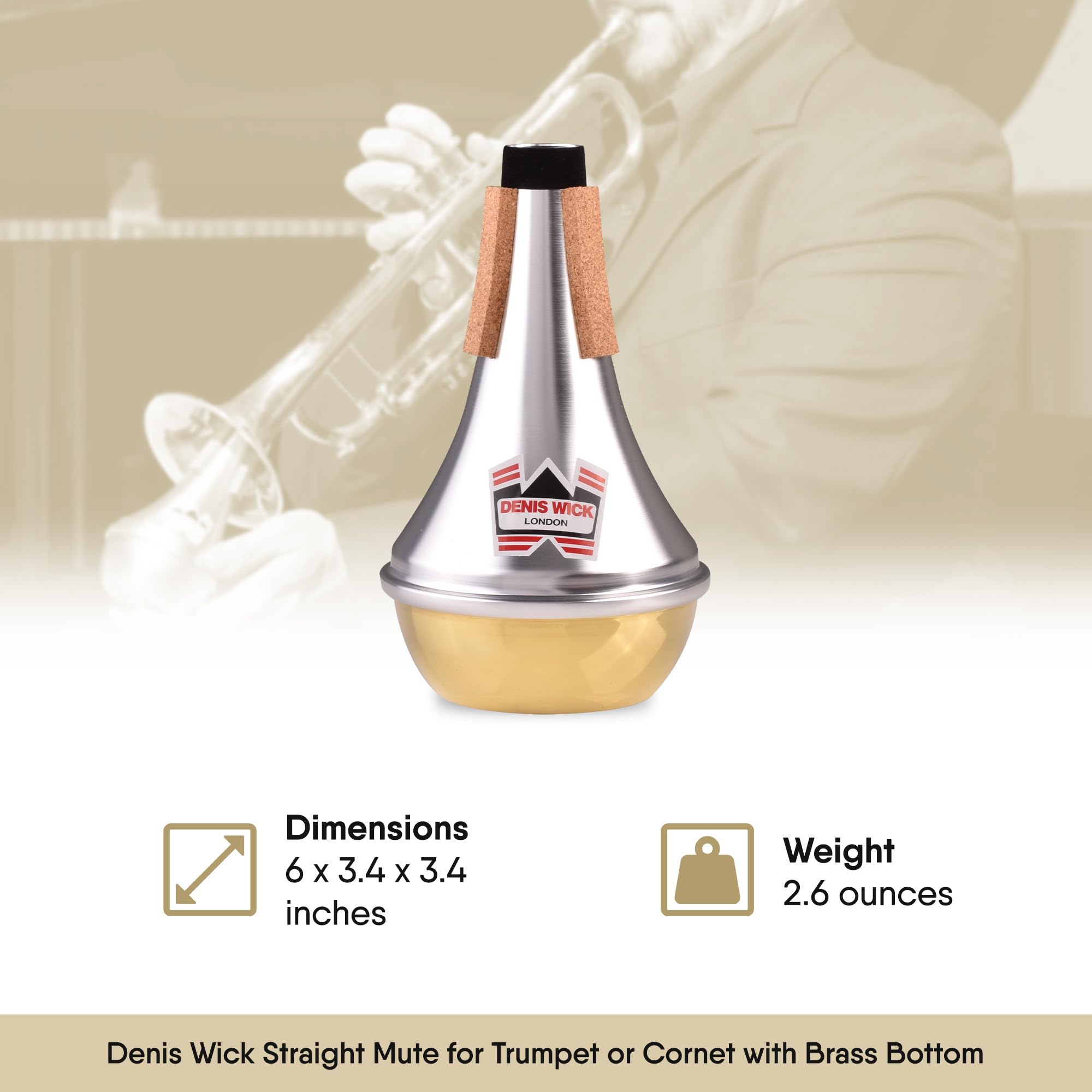 Denis Wick Straight Mute for Trumpet or Cornet, 5504 - Hand-Spun Aluminum Mute with Natural Cork - Brilliant Tone, Reliable Intonation & Tight-Bell Fit for Performance - 6.1 x 3.4 x 3.4 In, 2.26 oz