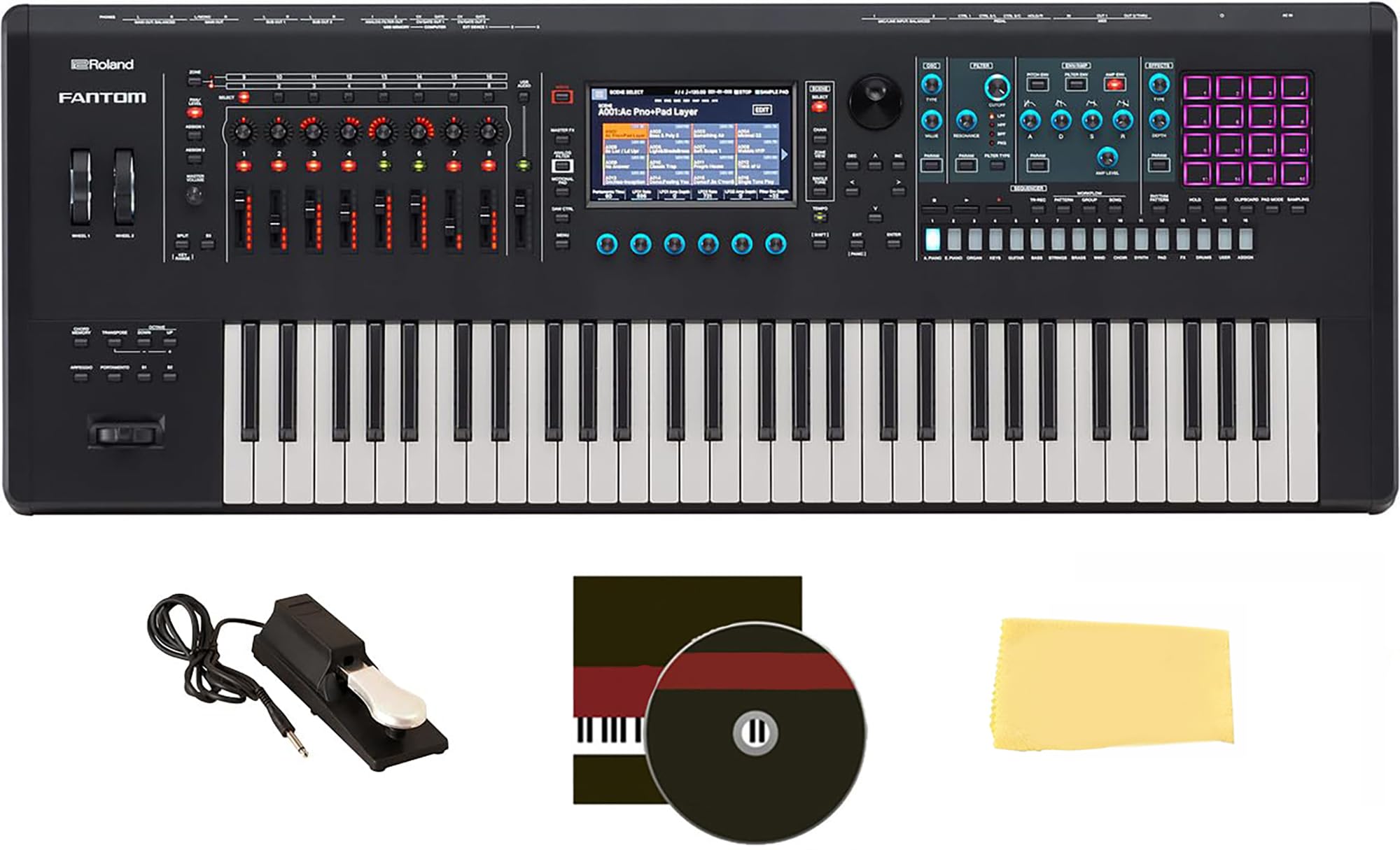 Roland Fantom 8 EX 88-Key Workstation Keyboard Synthesizer Bundle with Adjustable Stand, Sustain Pedal, Online Piano Lessons, Instructional DVD, and Austin Bazaar Polishing Cloth