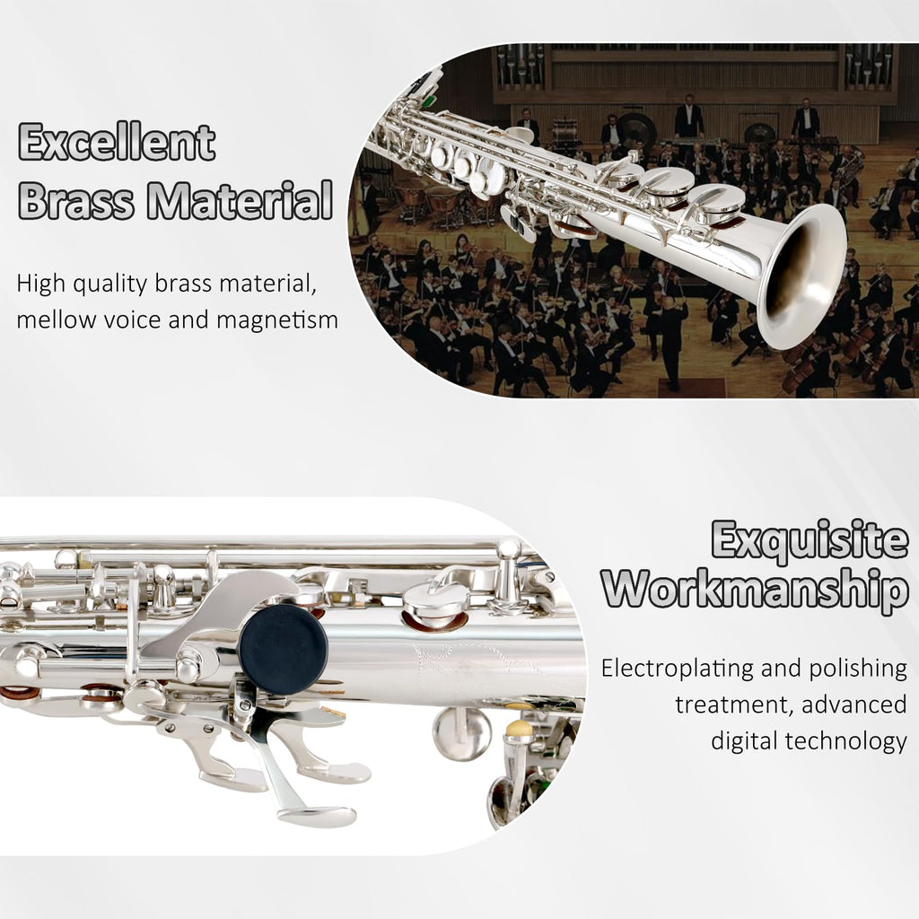 EASTROCK Soprano Saxophone Curved Bb Flat Black Sax Instruments for Beginners Intermediate Players with Carrying Case,Mouthpiece,Pads,Reed,Cleaning kit,neck Strap,White Gloves