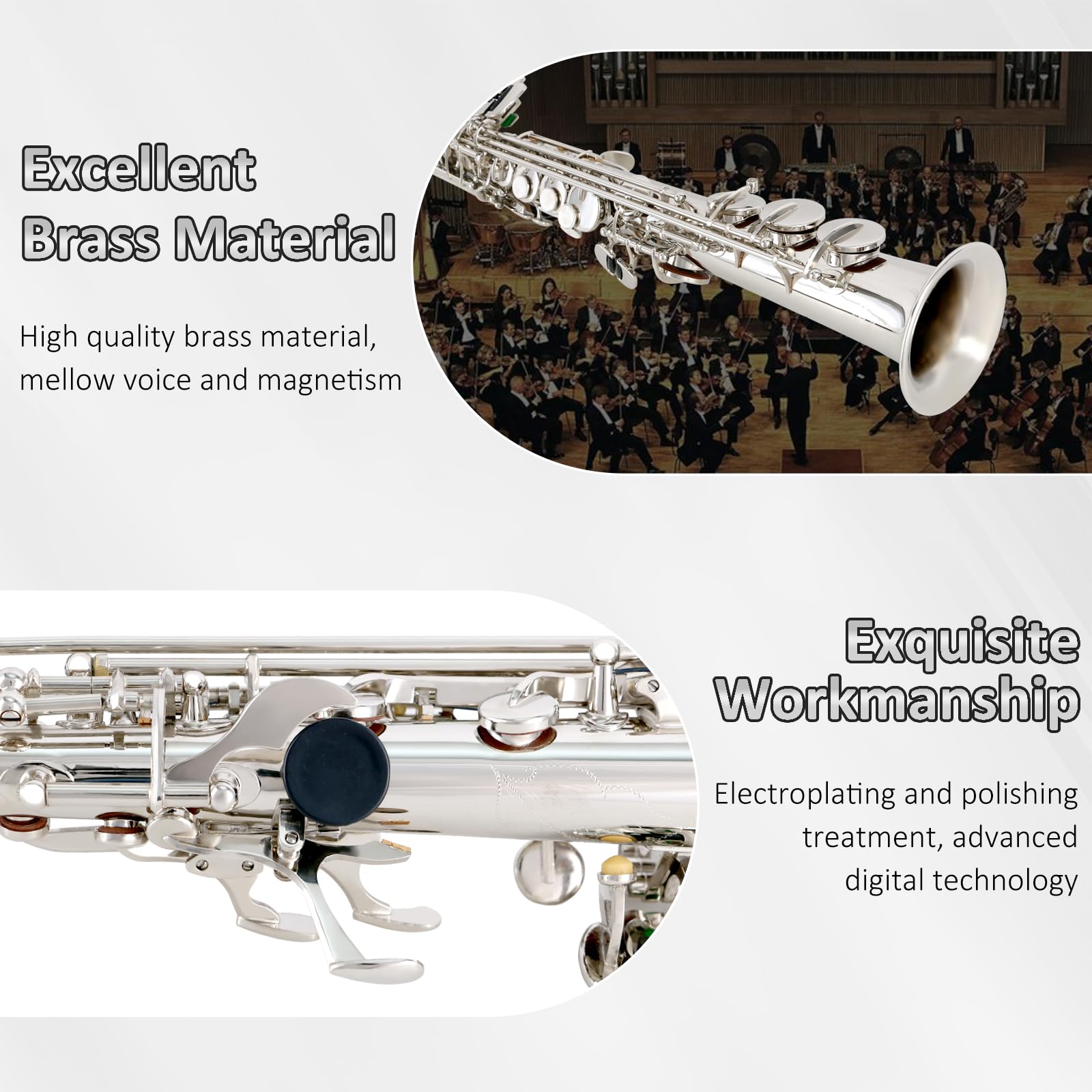 EASTROCK Soprano Saxophone Curved Bb Flat Black Sax Instruments for Beginners Intermediate Players with Carrying Case,Mouthpiece,Pads,Reed,Cleaning kit,neck Strap,White Gloves