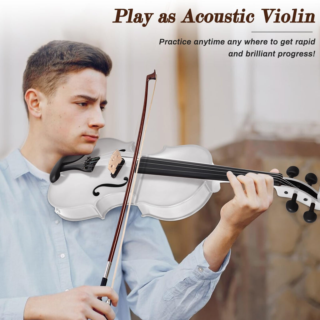 Electric/Acoustic Violin with Ebony Accessories with Carrying Case, Violin Bow, Bridge, Shoulder Rest, Stickers, Tuner, Instruction, Handcraft with Maple, Spruce (White)