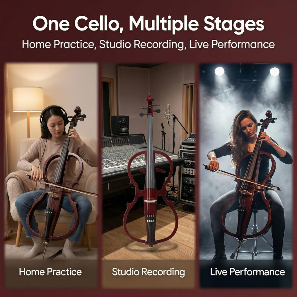 Electric Cello 4/4 Full Size Ebony Fittings with Lightweight Cello Bag, Headphones, Bow, Bridge, Rosin, Cello for Beginners Adults