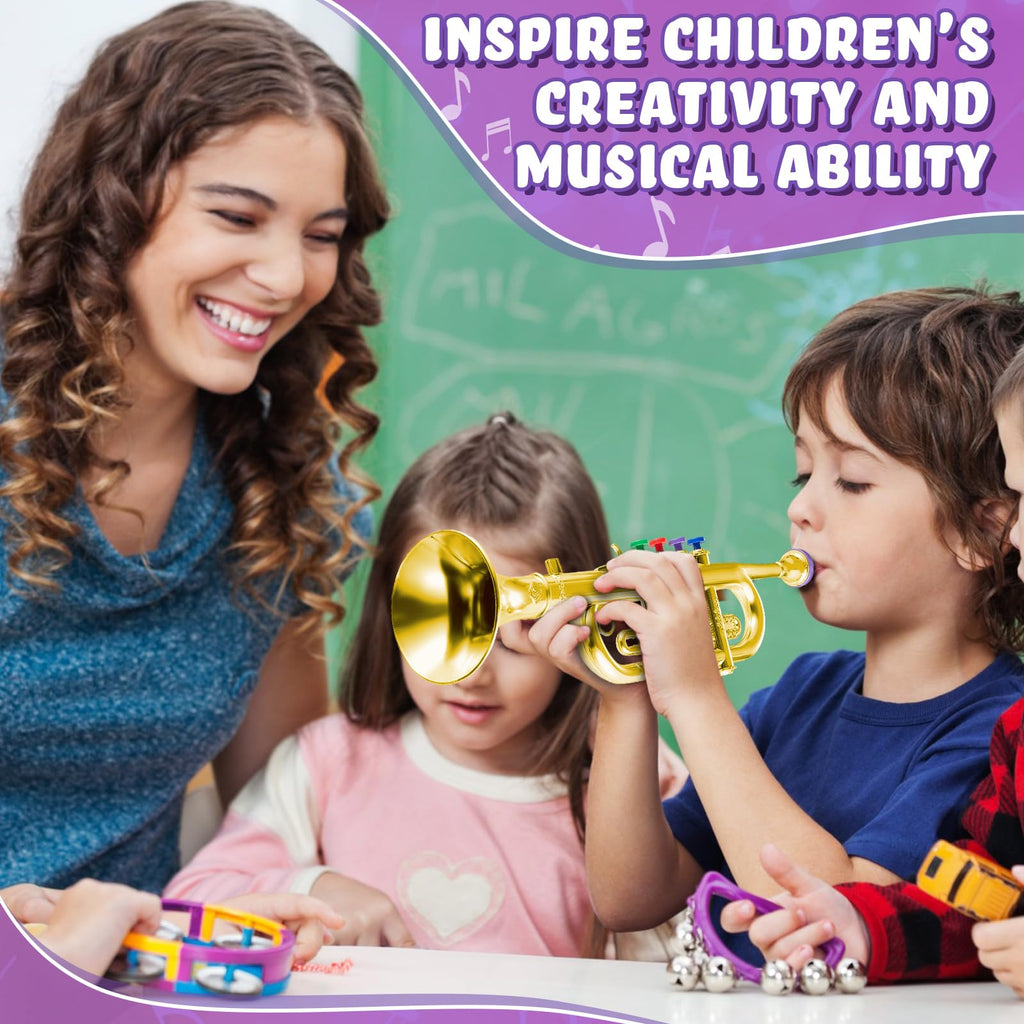 Lewtemi Gold Trumpet Musical Instruments Toy for Kid Toddler Fake Plastic Preschool Music Toy Gift Non-Professional Wind Instrument Early Educational Teaching Songs Gifts for Toddlers Children