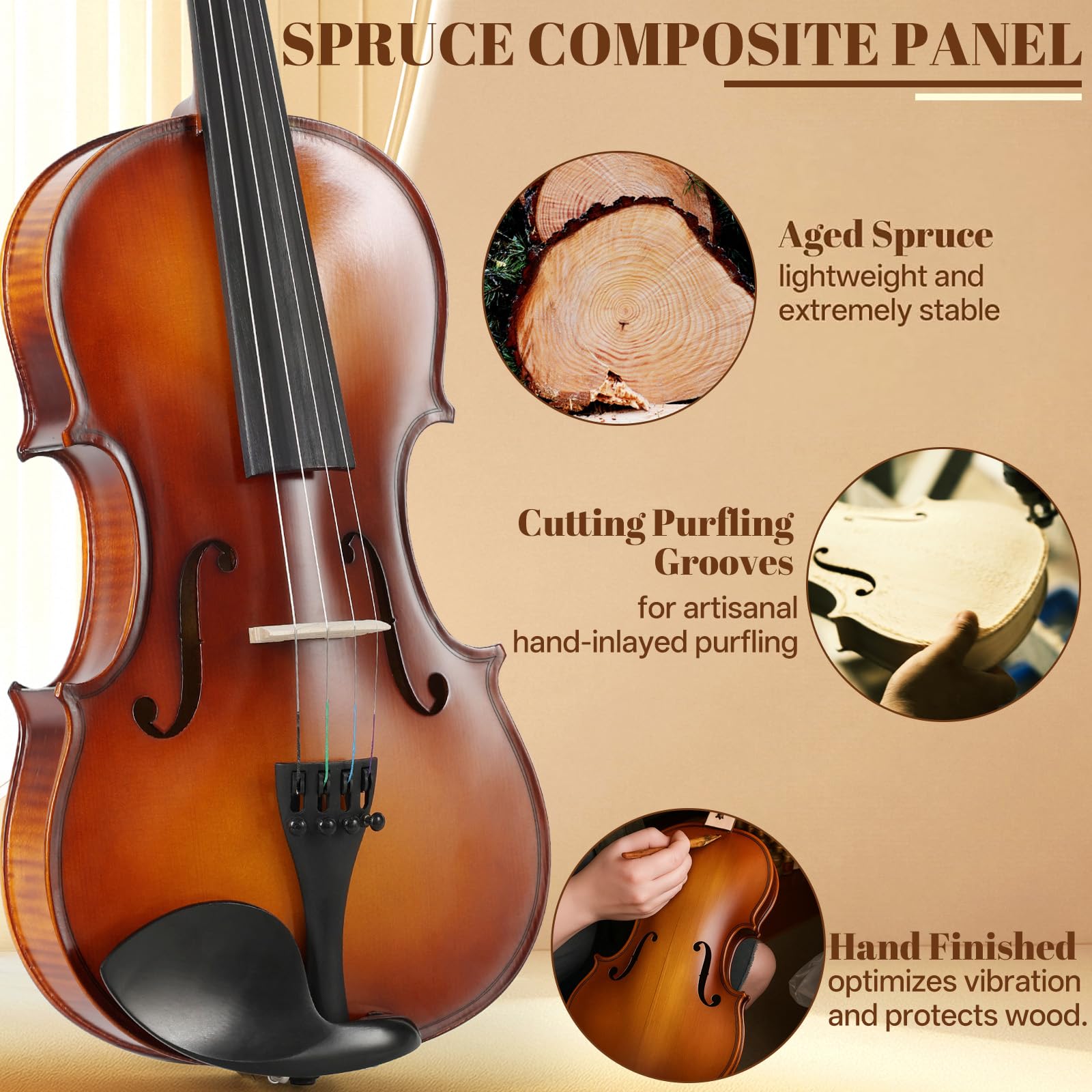 Kmise Violin 4/4 Full Set, Fingerboard Fret Markings Violins, Matte Acoustic Fiddle for Adults, Beginners, Students with Violin Case, Rosin, Strings, Bow, Shoulder Rest, Beginner's Guide (Matte, 4/4)