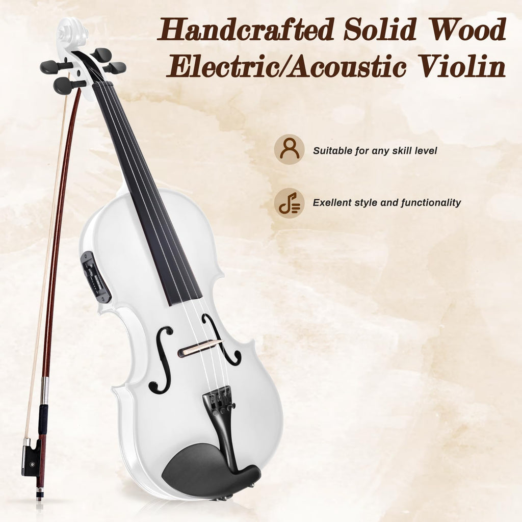 Electric/Acoustic Violin with Ebony Accessories with Carrying Case, Violin Bow, Bridge, Shoulder Rest, Stickers, Tuner, Instruction, Handcraft with Maple, Spruce (White)