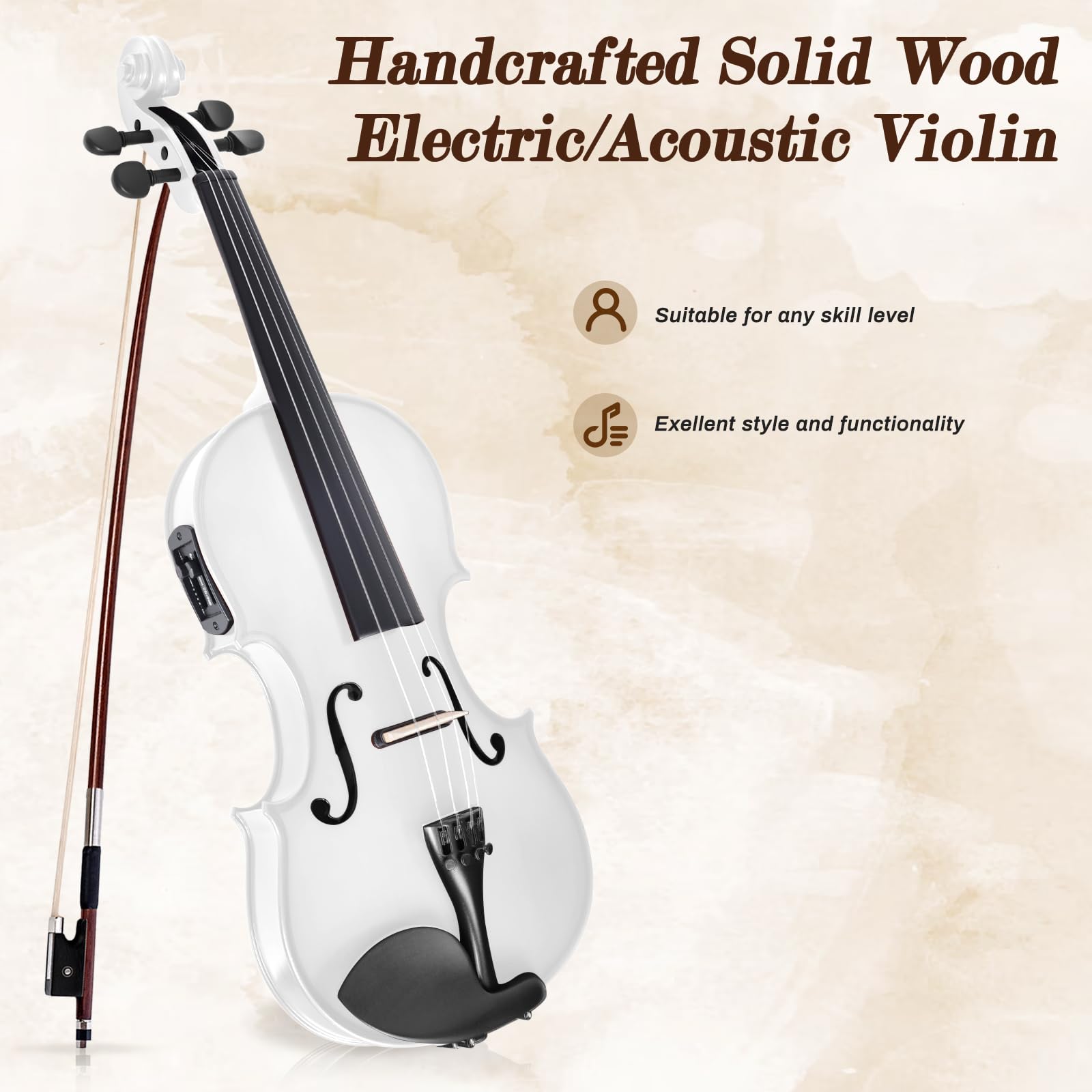 Electric/Acoustic Violin with Ebony Accessories with Carrying Case, Violin Bow, Bridge, Shoulder Rest, Stickers, Tuner, Instruction, Handcraft with Maple, Spruce (White)