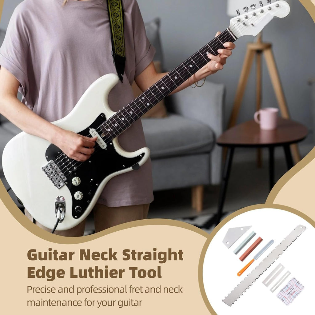 8 Pcs Guitar Neck Straight Edge Kit, Notched Luthier Tool, Fret Rocker, Fret File, Fingerboard Guards, String Action Ruler, Grindstones, Maintenance Set for Electric Guitar, Bass and Ukulele