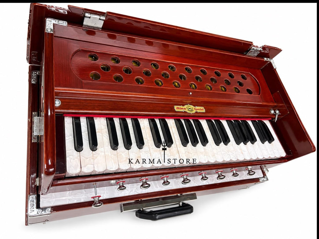 Harmonium Traveler, Portable Folding with 4 Stops, 2½ Octaves, Teak, Wood, 18 x 12 x 7 Inches, 8 KG, Bass-Male Reed, 440 Hz, with Coupler and Gig Bag, Harmonium BINA no. 23B Dx