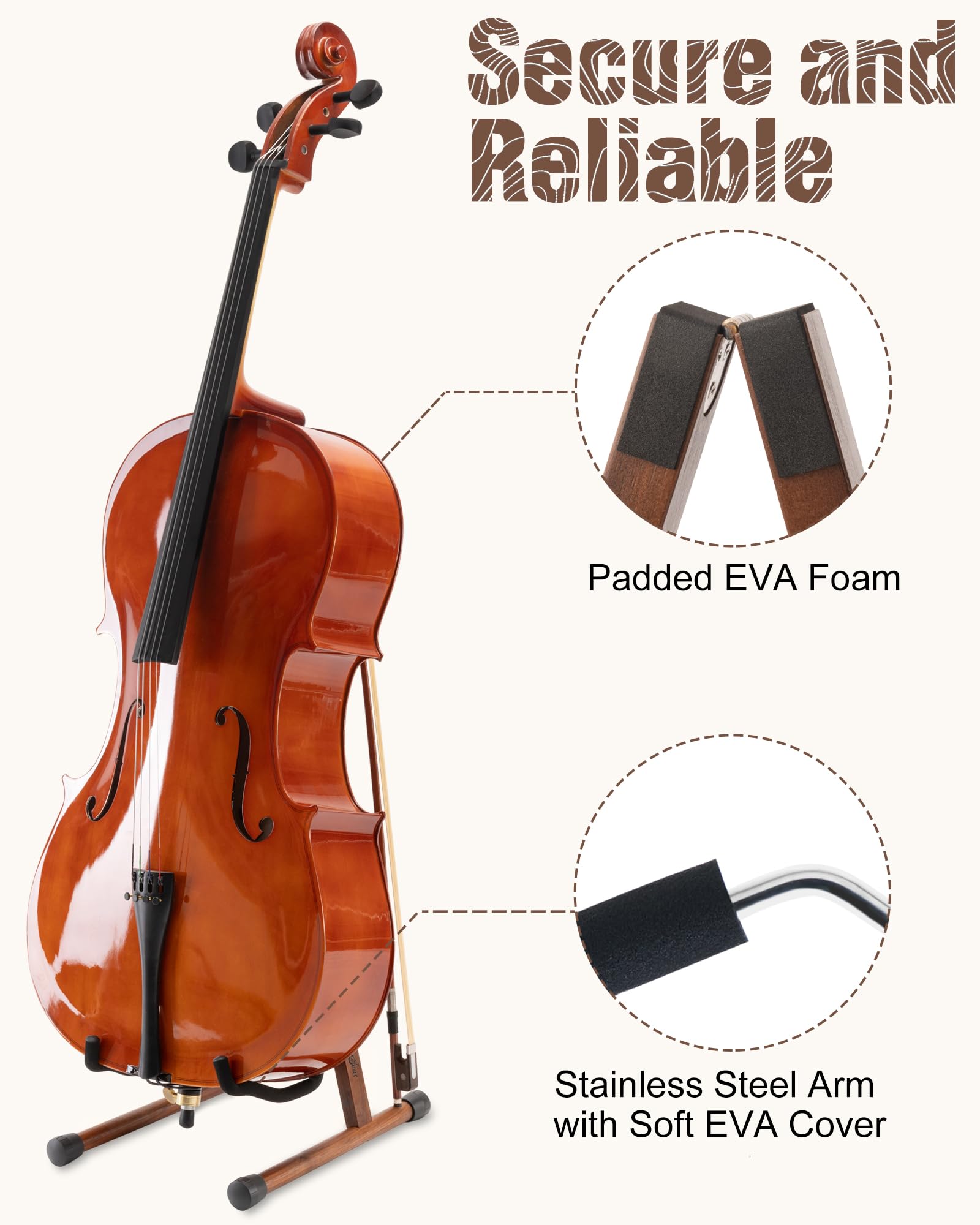 Cello Stand with Bow Holder, Mahogany Wooden A-Shape Floor Stand with Padded Foam, Handcrafted Cello Rack Fits 1/2, 3/4, 7/8, 4/4 Full-Size and Guitar, Instrument Holder for Home and Studio Display
