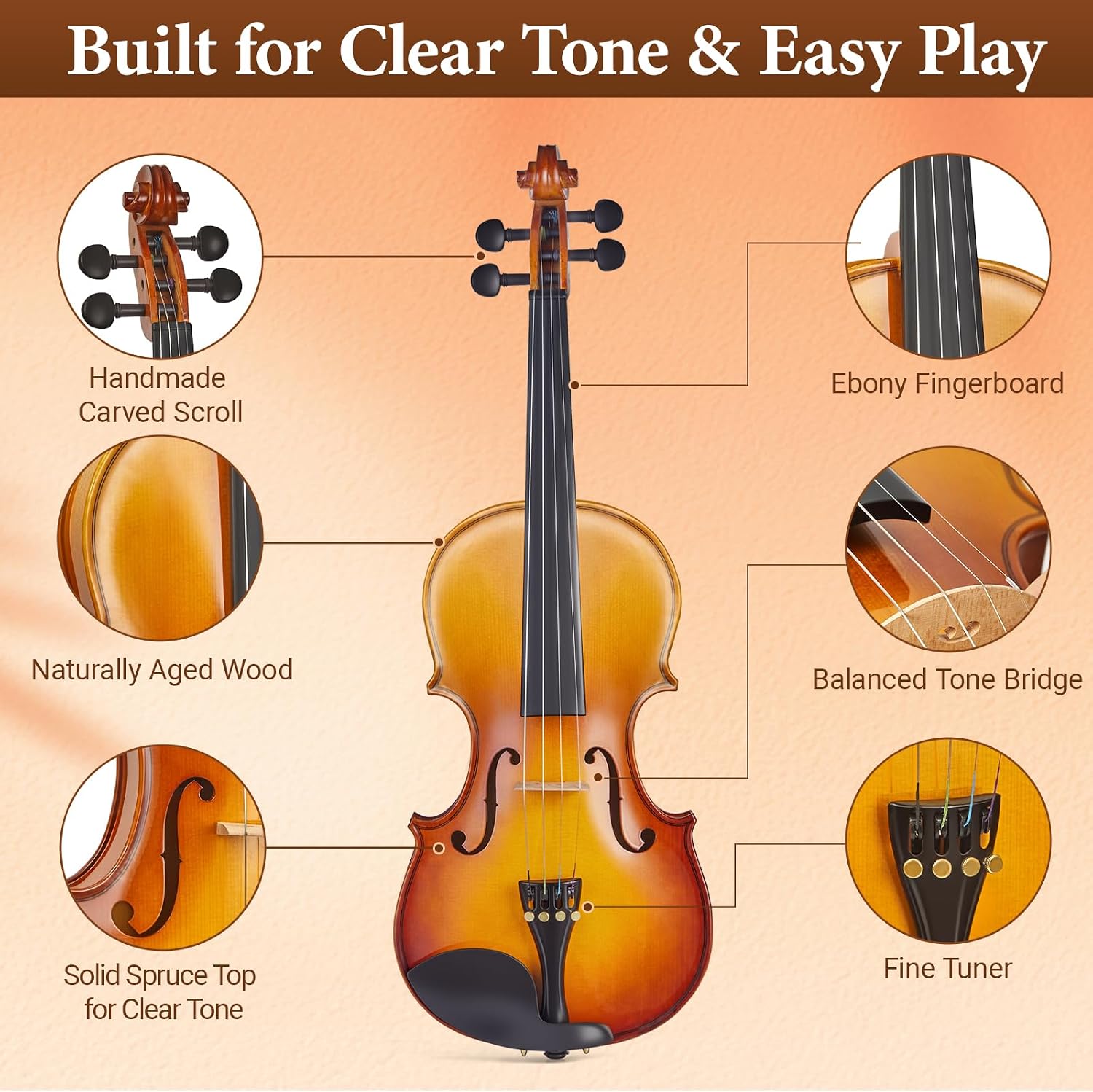 4/4 Full Size Acoustic Violin Set for Adult Beginners, Solid Spruce and Maple, Natural Gloss Finish, Brazilwood Bow, Hard Case, Tuner, Shoulder Rest, Rosin, Extra Strings