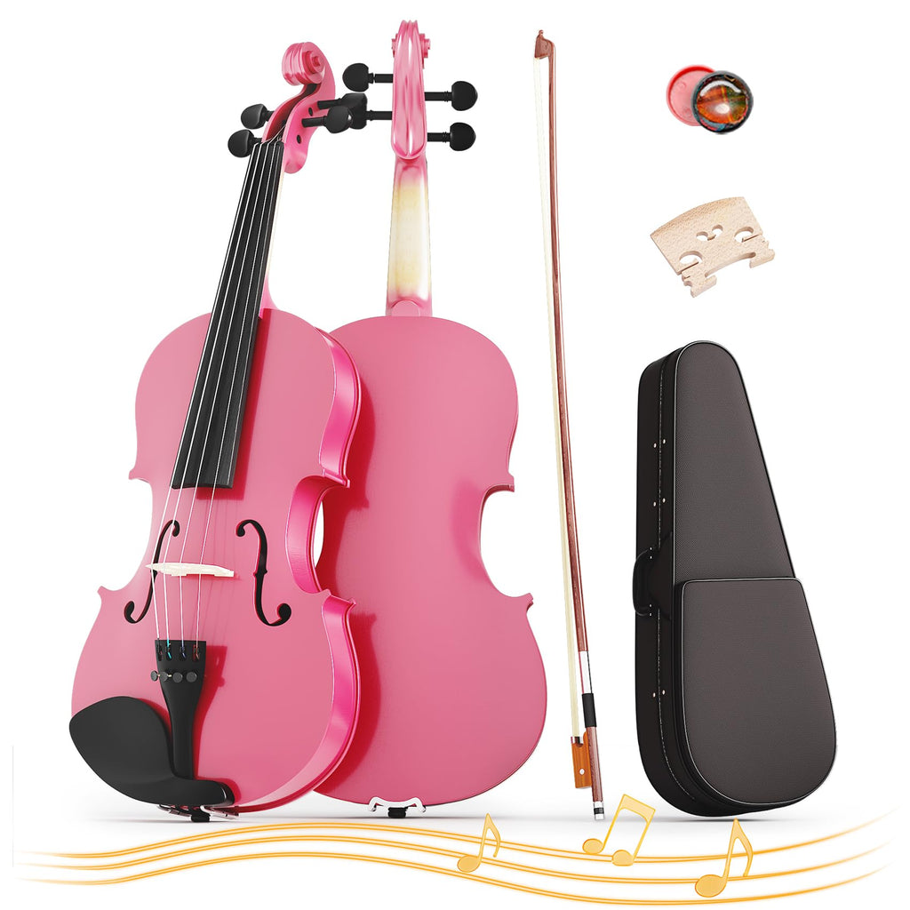 4/4 Full Size Beginner Violin, Acoustic Fiddle Set for Adults, Teens, and Students (Age 12+), with Case, Bow, Bridge, and Rosin (Pink)