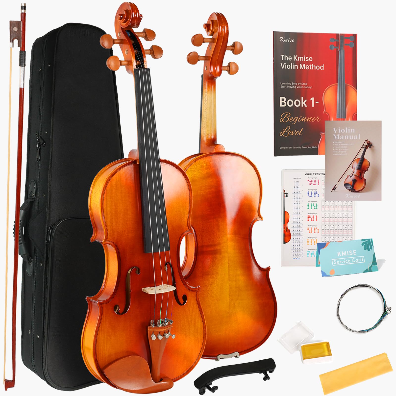 Kmise Teacher Approved 4/4 Full Size Violin Starter Kit for Adults Beginners Students, High Density Ebony Acoustic Violins, Fiddle Bundle with Case, Bow, Rosin, Strings, Shoulder Rest & Guide