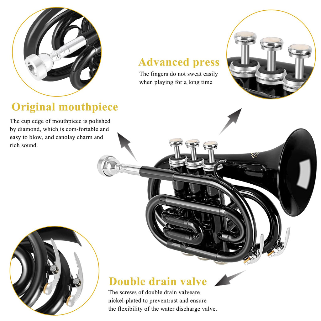 EastRock Pocket Trumpet Brass Bb Nickel Plated Trumpet with 7 C Mouthpiece, Hard Case, Strap, White Gloves, Cleaning Kit for Students and Beginners