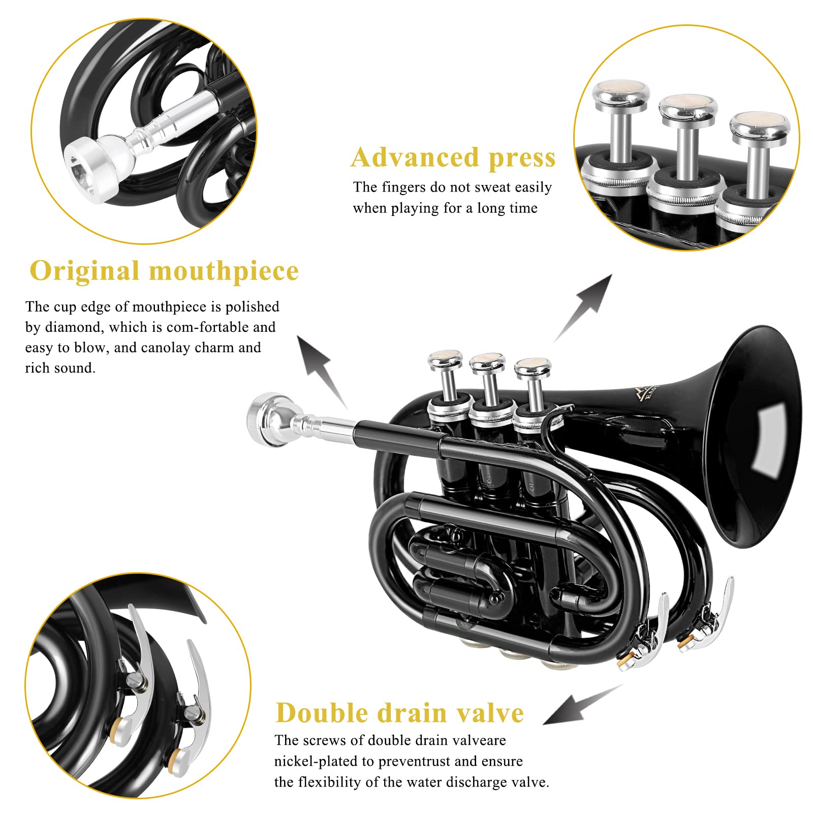 EastRock Pocket Trumpet Brass Bb Nickel Plated Trumpet with 7 C Mouthpiece, Hard Case, Strap, White Gloves, Cleaning Kit for Students and Beginners