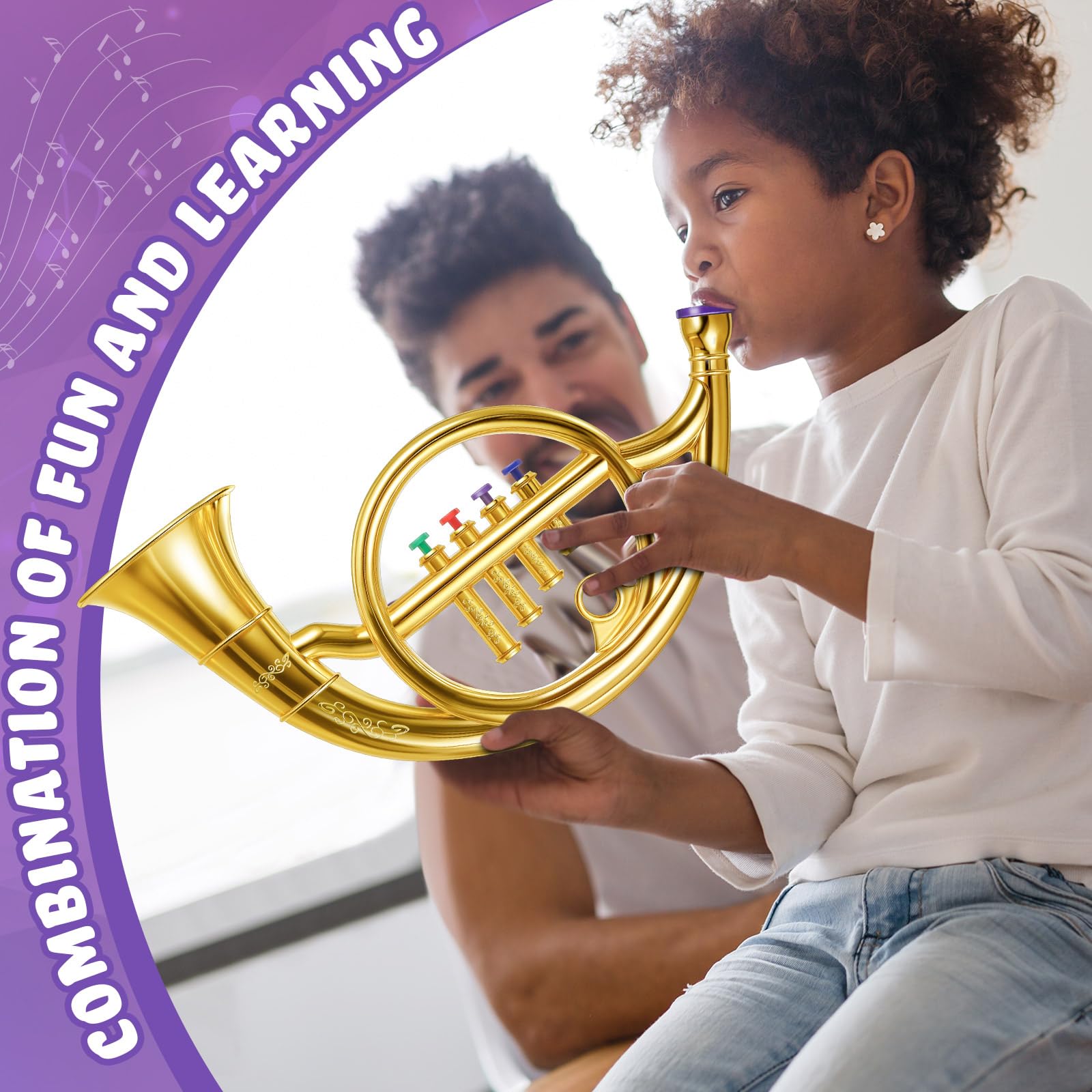 Lewtemi Gold Trumpet Musical Instruments Toy for Kid Toddler Fake Plastic Preschool Music Toy Gift Non-Professional Wind Instrument Early Educational Teaching Songs Gifts for Toddlers Children